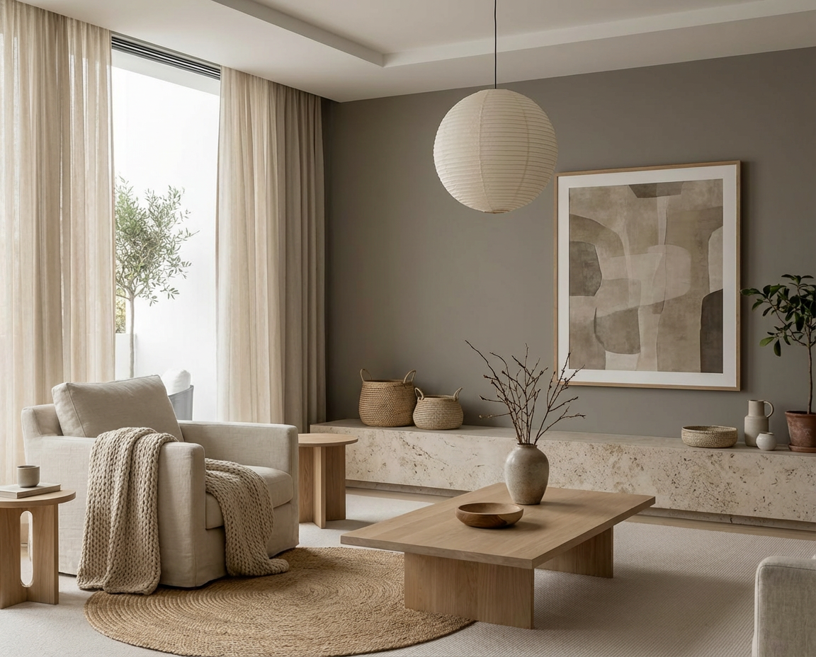 Ruhig und ausgewogen wirkt das Wohnzimmer mit der Wandfarbe Velours Ombre von re-box, einem warmen greige-grauen Farbton, der als matte Wandfarbe aus der DIY Renovierungsbox helle Naturmöbel, Textilien und Keramik harmonisch verbindet und eine weiche, zeitlose Wohnatmosphäre schafft.
