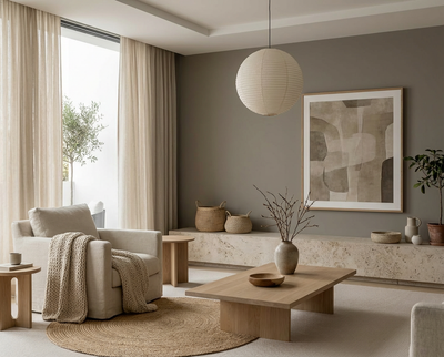 Ruhig und ausgewogen wirkt das Wohnzimmer mit der Wandfarbe Velours Ombre von re-box, einem warmen greige-grauen Farbton, der als matte Wandfarbe aus der DIY Renovierungsbox helle Naturmöbel, Textilien und Keramik harmonisch verbindet und eine weiche, zeitlose Wohnatmosphäre schafft.