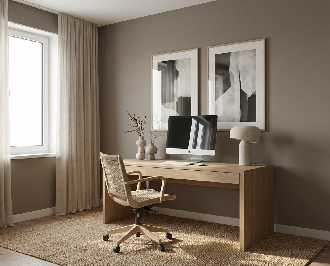 Sanft und modern präsentiert sich das Homeoffice mit der Wandfarbe Velours Ombre von re-box, einem warmen greige-grauen Farbton, der als matte Wandfarbe aus der DIY Renovierungsbox Holzschreibtisch, Naturtextilien und reduzierte Kunst ruhig betont und eine konzentrierte, zeitlose Arbeitsatmosphäre schafft.