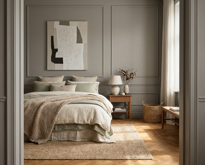 Schlafzimmer mit der Wandfarbe Velours Ombre von re-box, einem warmen greige-grauen Farbton, der als matte Wandfarbe aus der DIY Renovierungsbox Stuckrahmen, Bettwäsche in Naturtönen, Holzmöbel und Textilien klar hervorhebt und für eine zeitlos-elegante Raumwirkung sorgt.