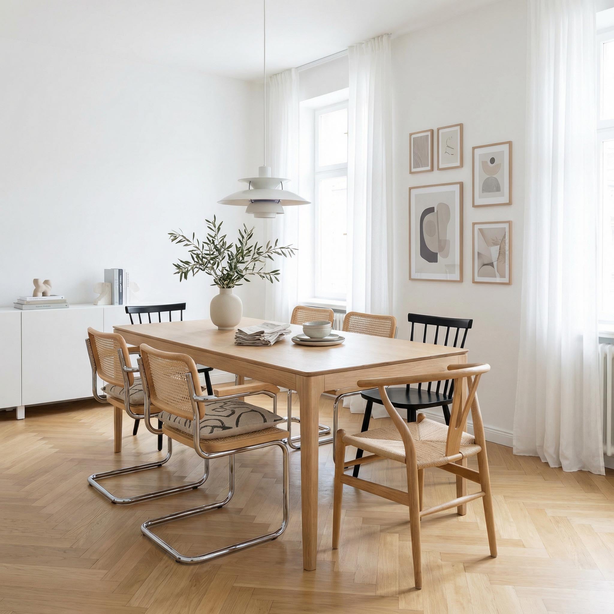 re-box matte Wandfarbe Weiß – helle, matte Wandgestaltung im Esszimmer, zeitloses Interior mit Holztisch, Flechtstühlen und natürlichem Tageslicht