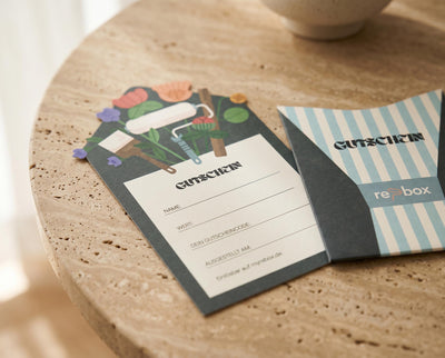 re-box geschenkgutschein gutschein interieur renovierung geschenkidee wohnraum makeover diy renovierungsbox premium interieur design gutschein karte stilvolles geschenk wohnen einrichtung modern rebox voucher home improvement gift card interior design renovation kit