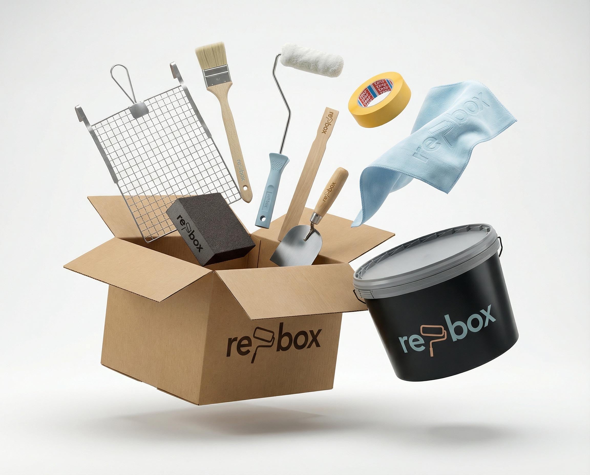 Re-Box Kleinmaterialien – DIY-Werkzeugset mit Farbrolle, Pinseln, Abstreifgitter, Spachtel, Abklebeband und Farbeimer für professionelle Malerarbeiten