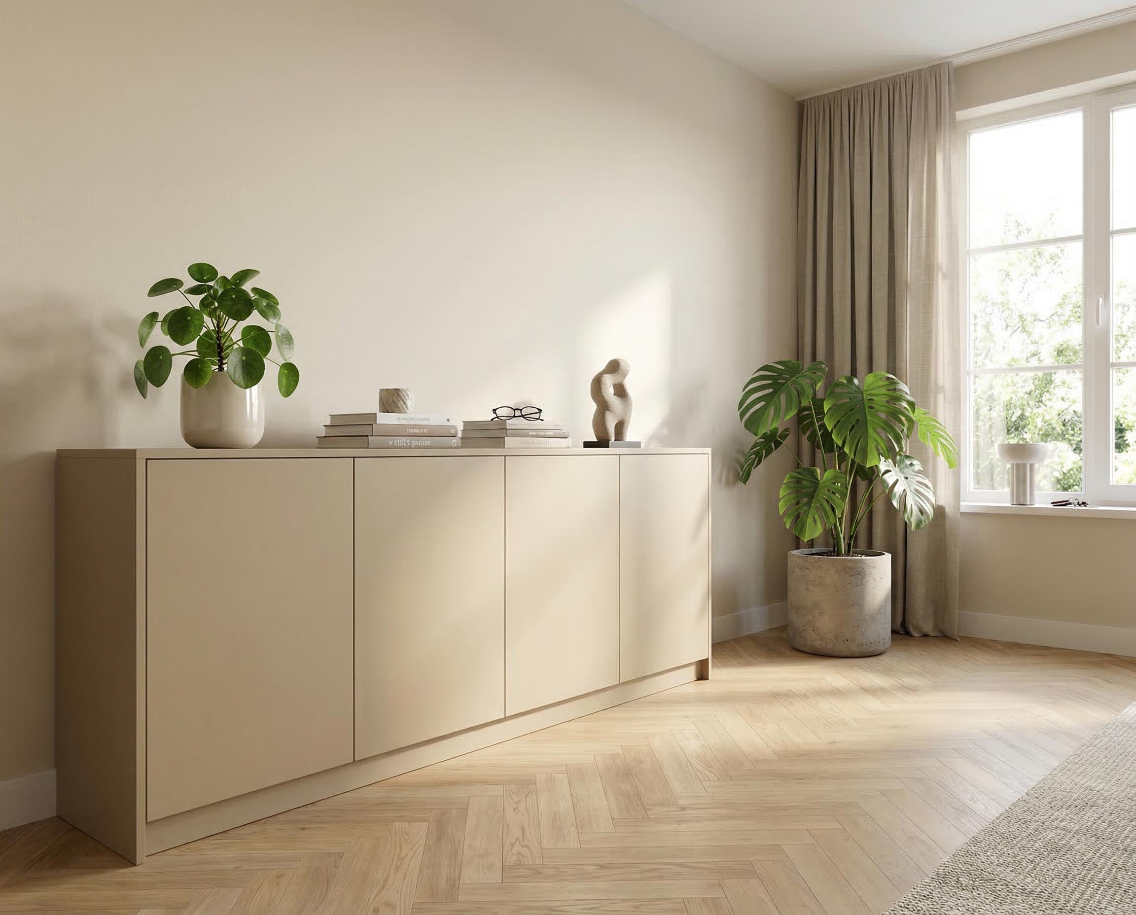 Möbelstück gestaltet – re-box Lack Canvas Cover No. 30, seidenglänzend, Farbton warmes Beige-Oliv, für Möbel & Holz