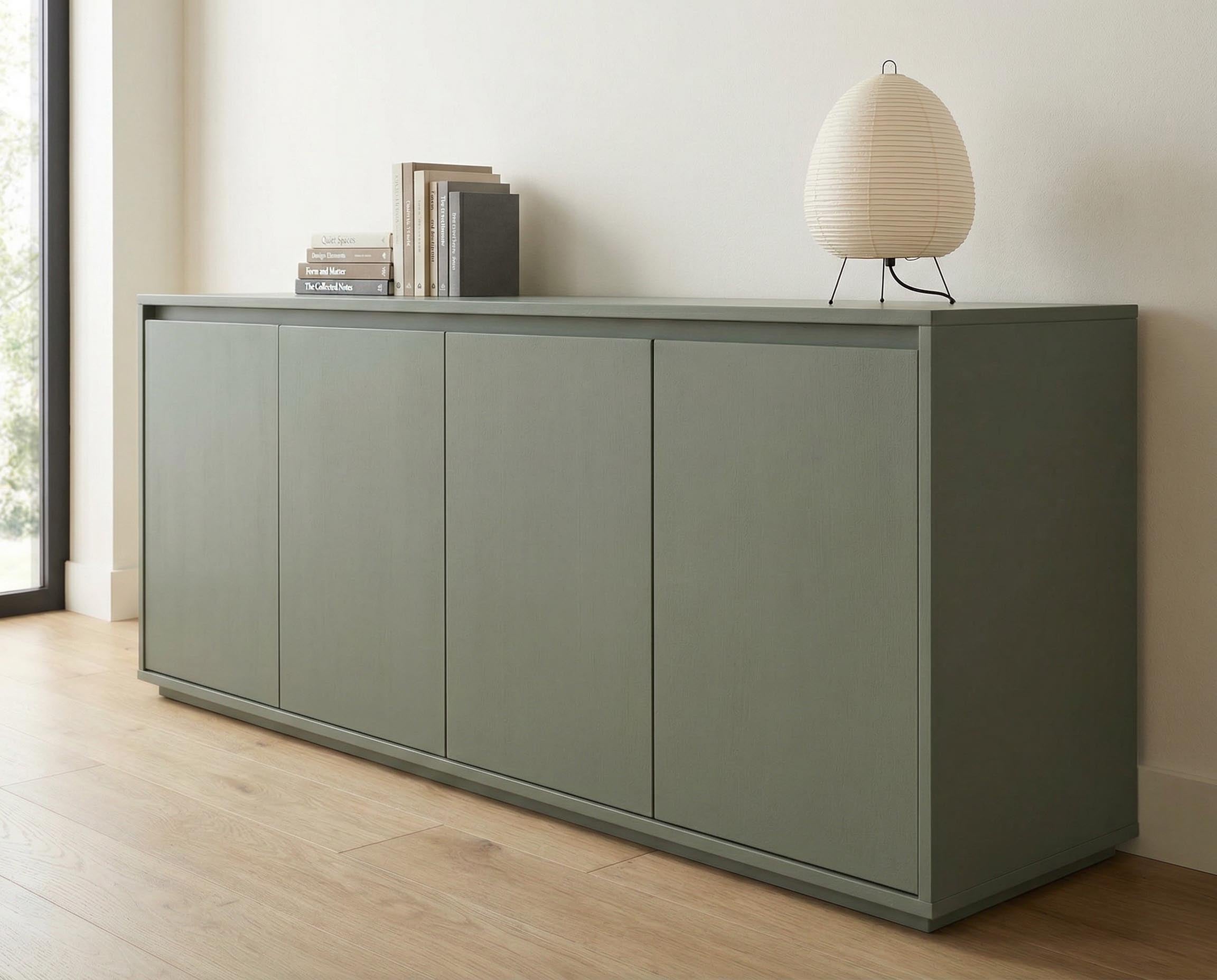 Möbelstück gestaltet – re-box Lack Olive Drift No. 7, seidenglänzend, Farbton erdiges Olivgrün, für Möbel & Holz