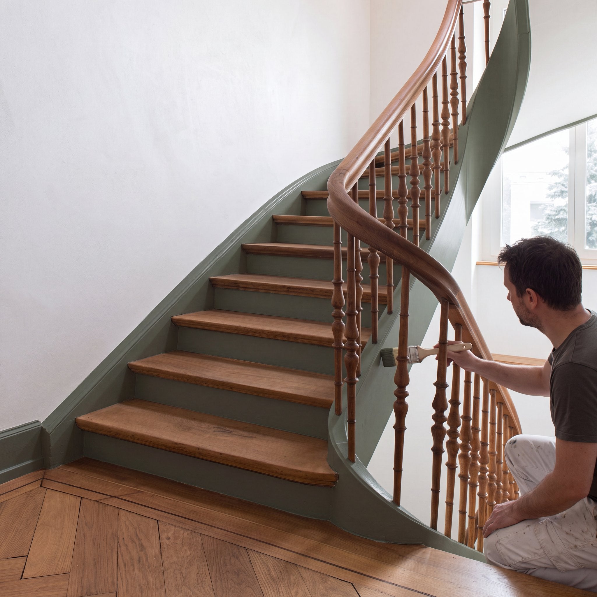 Altbau-Holztreppe wird mit re-box Lack in Hearthstone Moss No. 8 gestrichen – Renovierungsbox Treppe streichen