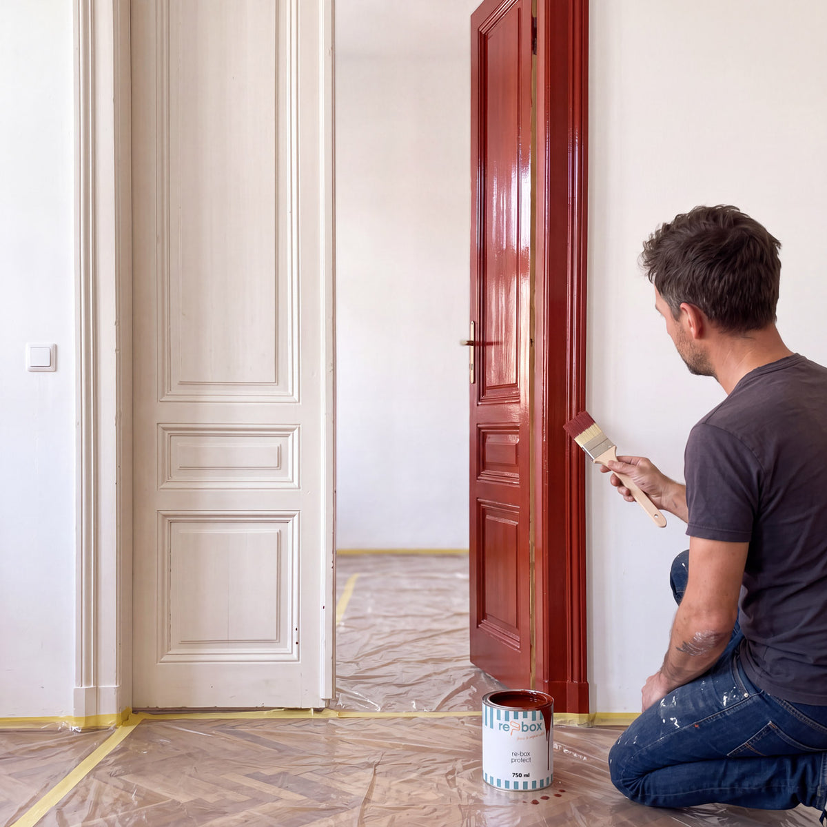 Altbautür wird mit re-box Lack in Crimson Éclat No. 43 lackiert – Renovierungsbox Tür-Upgrade in Aktion
