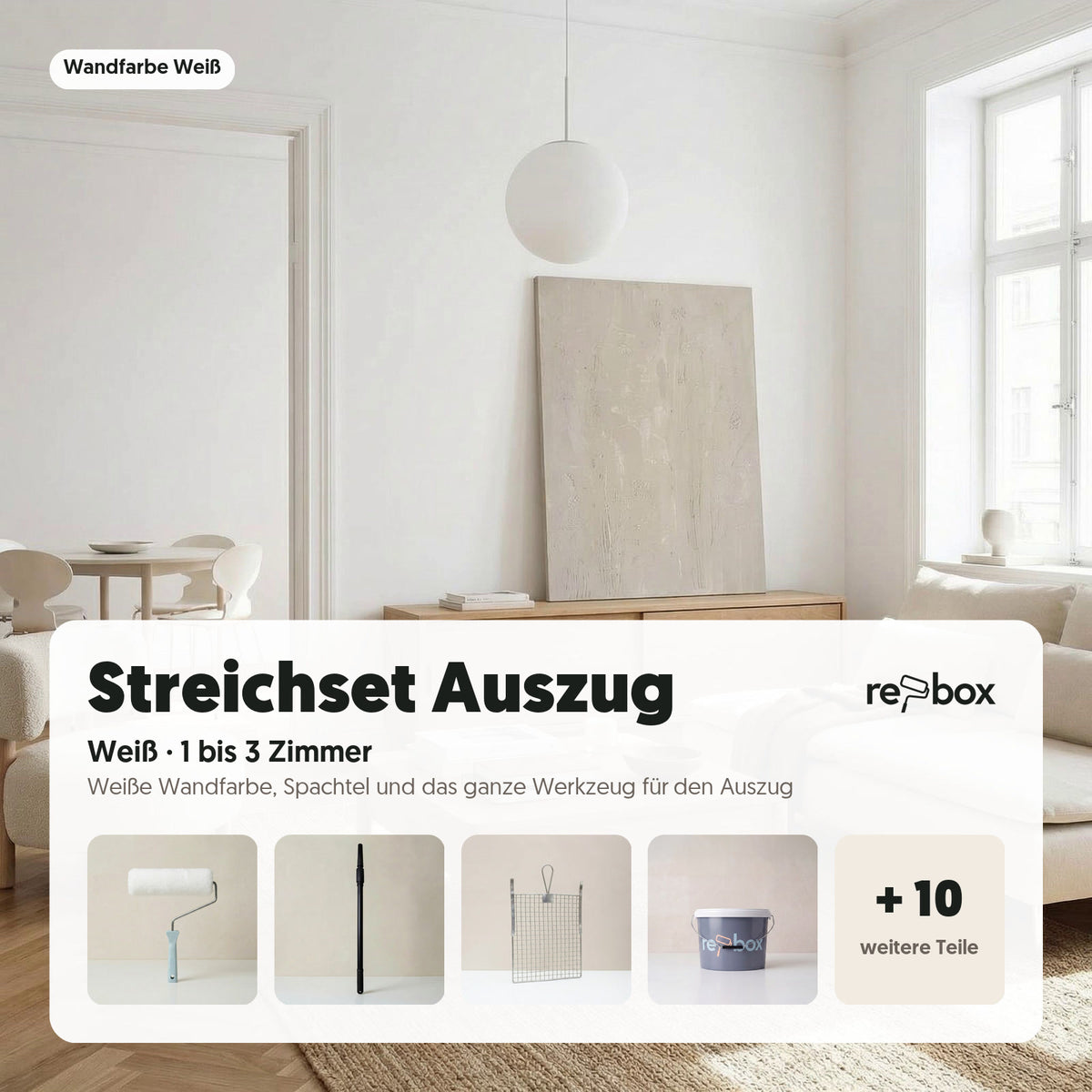 Streichset „Auszug Weiß“: Weiß streichen beim Auszug: base one, Spachtel für Dübellöcher und alles Werkzeug in einem Paket.
