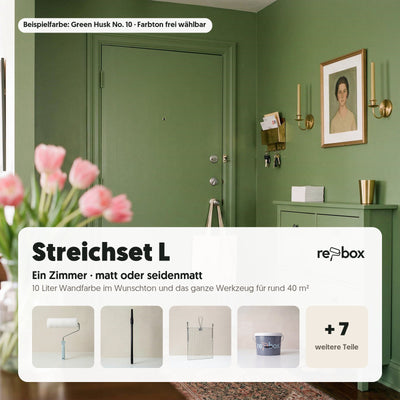 Streichset L „Ein Zimmer“ – 10 Liter: 10 Liter Wandfarbe im Wunschton und das komplette Werkzeug für rund 40 m² Wand. Farbton wählen, fertig.