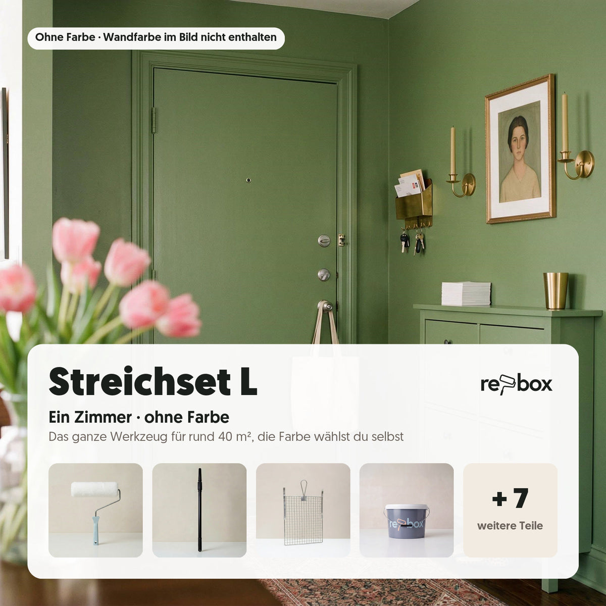 Streichset L „Ein Zimmer“ – Werkzeug ohne Farbe: Das komplette Werkzeug für rund 40 m² Wand, ohne Farbe. Die passende Wandfarbe wählst du dazu.