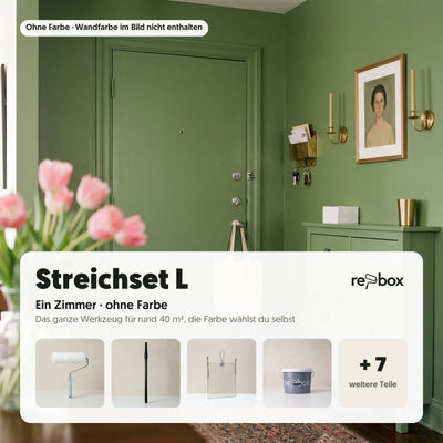 Streichset L „Ein Zimmer“ – Werkzeug ohne Farbe: Das komplette Werkzeug für rund 40 m² Wand, ohne Farbe. Die passende Wandfarbe wählst du dazu.