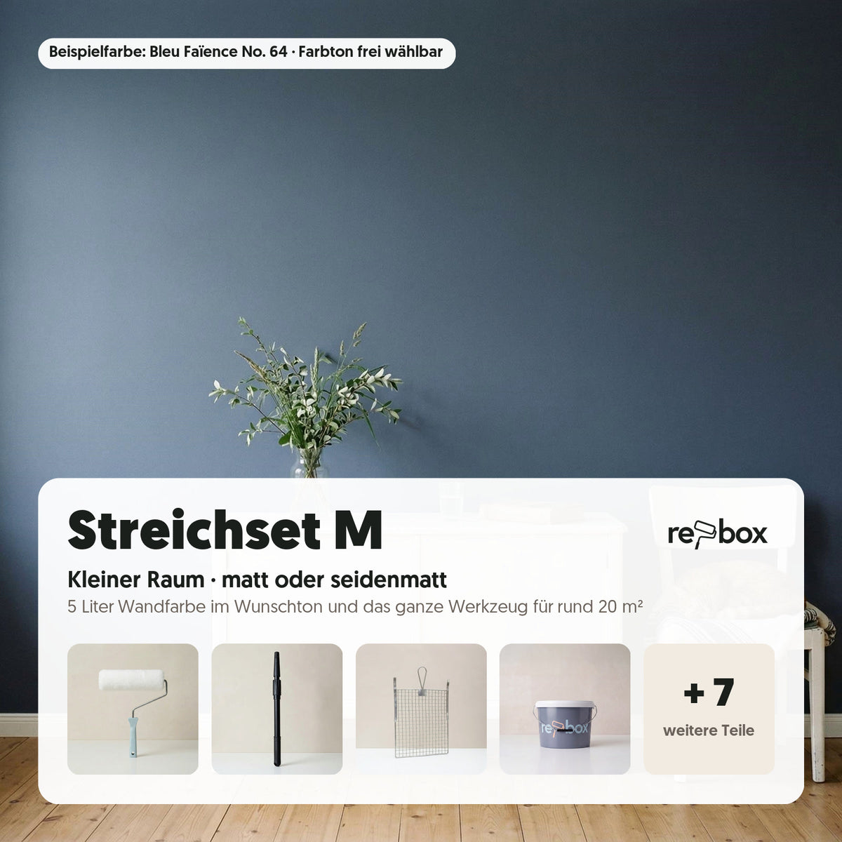 Streichset M „Kleiner Raum“ – 5 Liter: 5 Liter Wandfarbe im Wunschton und das komplette Werkzeug für rund 20 m² Wand. Farbton wählen, fertig.