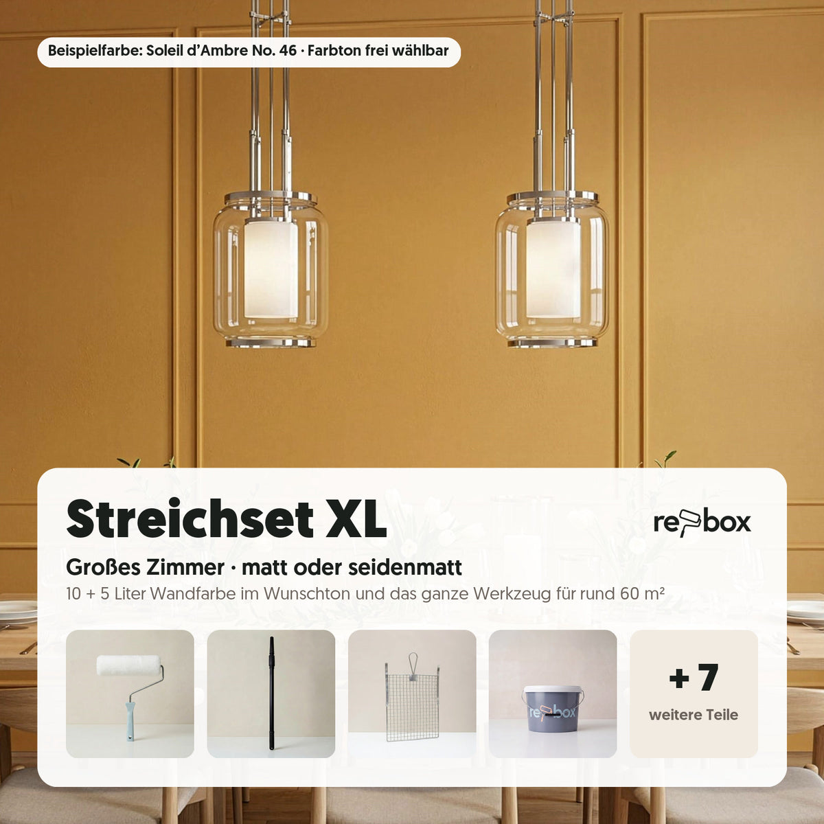 Streichset XL „Großes Zimmer“ – 15 Liter: 15 Liter Wandfarbe im Wunschton und das komplette Werkzeug für rund 60 m² Wand. Farbton wählen, fertig.