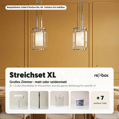 Streichset XL „Großes Zimmer“ – 15 Liter: 15 Liter Wandfarbe im Wunschton und das komplette Werkzeug für rund 60 m² Wand. Farbton wählen, fertig.
