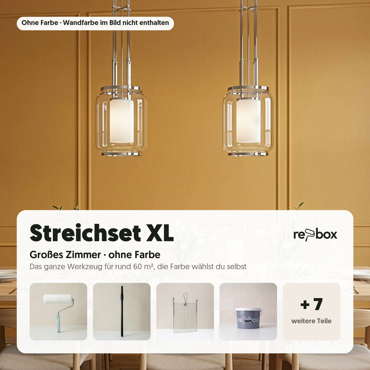 Streichset XL „Großes Zimmer“ – Werkzeug ohne Farbe: Das komplette Werkzeug für rund 60 m² Wand, ohne Farbe. Die passende Wandfarbe wählst du dazu.