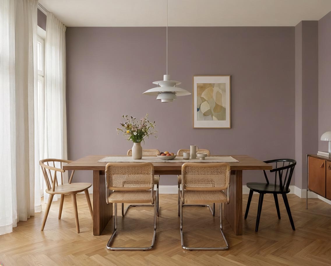 Essbereich mit Wand in re-box Wandfarbe Aubergine Mist No. 20 – sanftes Aubergine-Violett