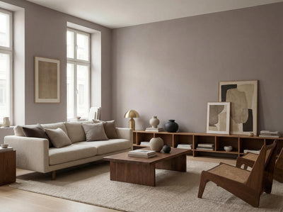 Wohnzimmer mit Wand in re-box Wandfarbe Aubergine Mist No. 20 – sanftes Aubergine-Violett
