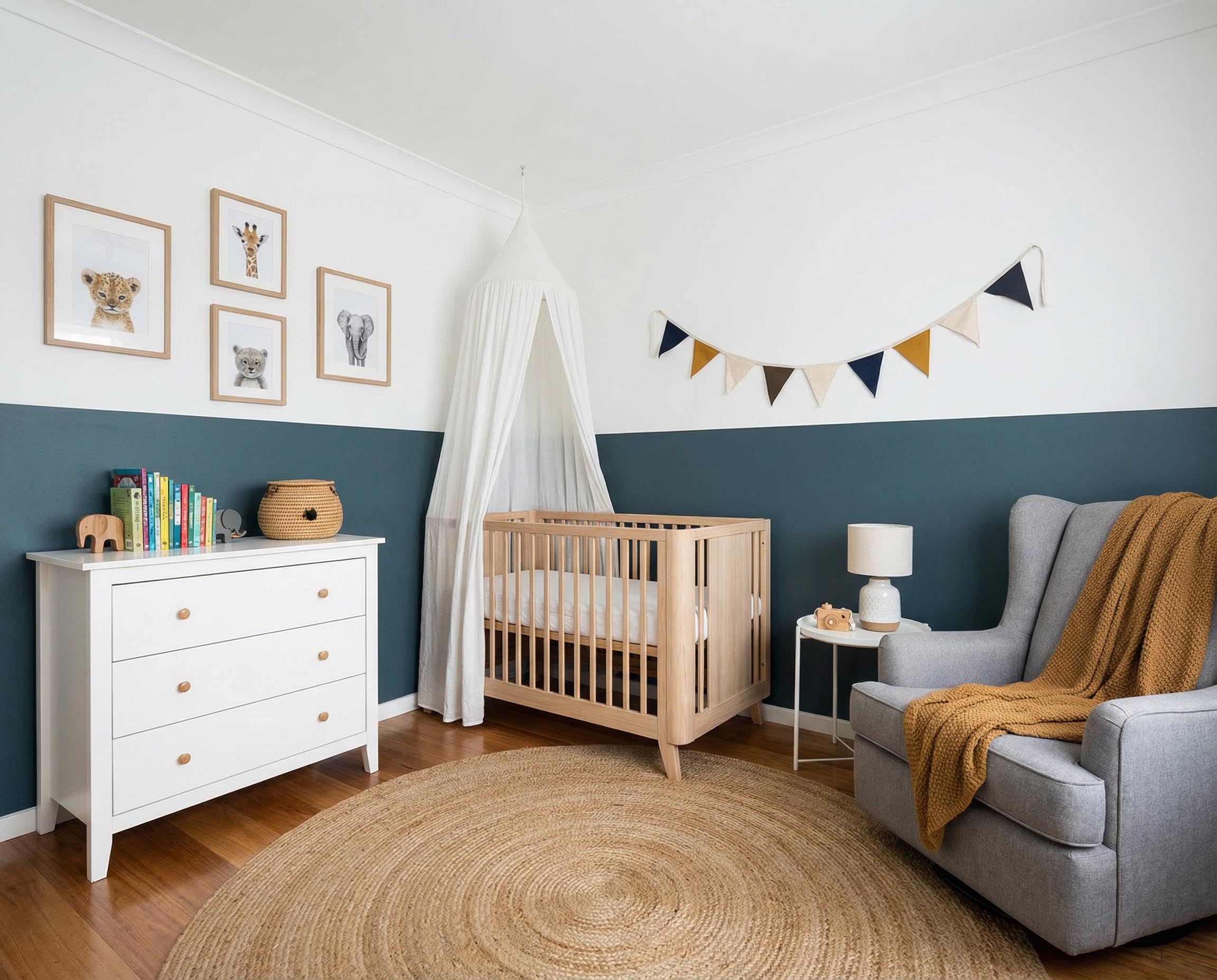 Kinderzimmer mit Wand in re-box Wandfarbe Baltic Midnight No. 24 – tiefes Mitternachtsblau