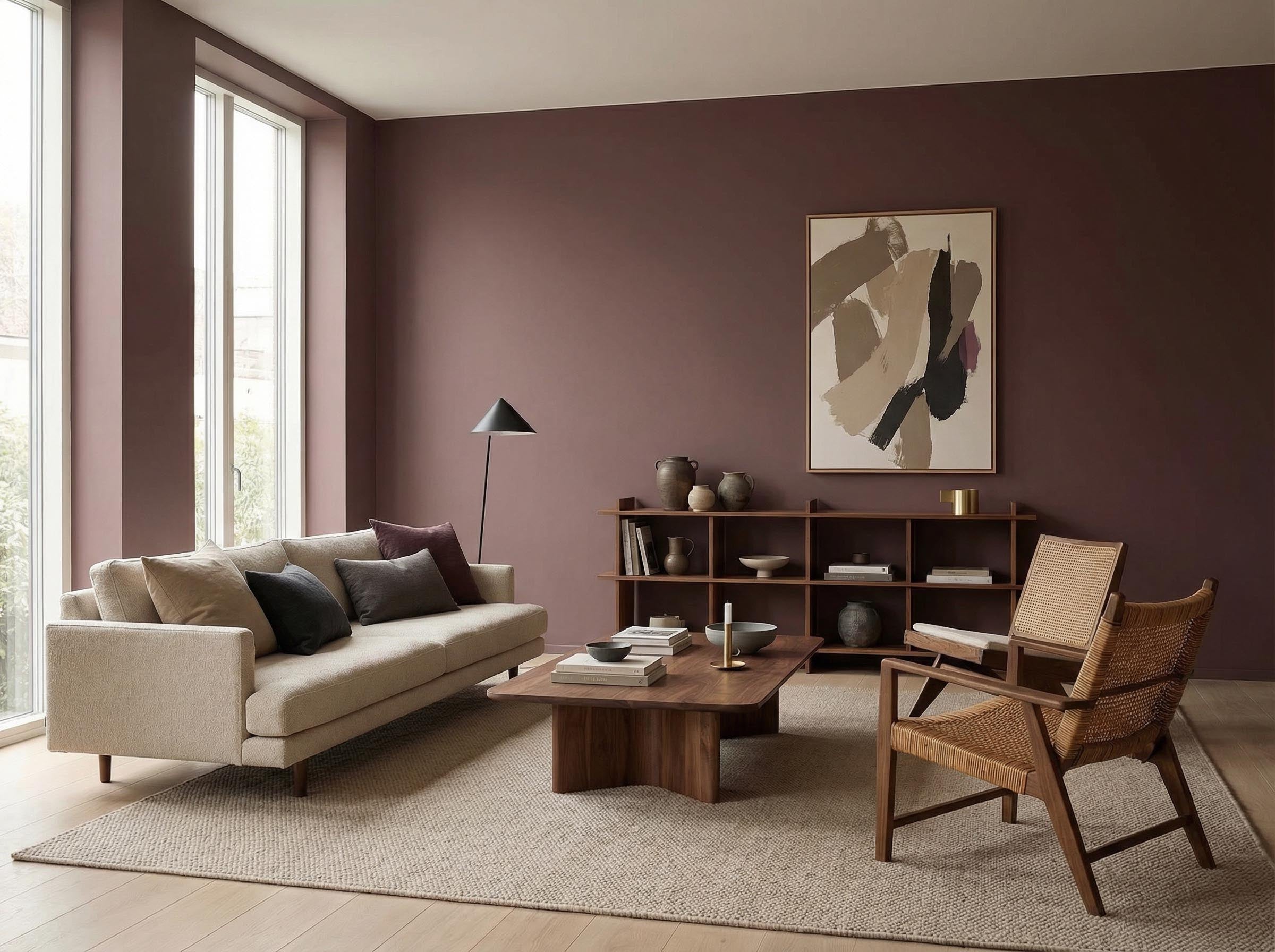 Wohnzimmer mit Wand in re-box Wandfarbe Berry Veil No. 21 – tiefes Beerenrot