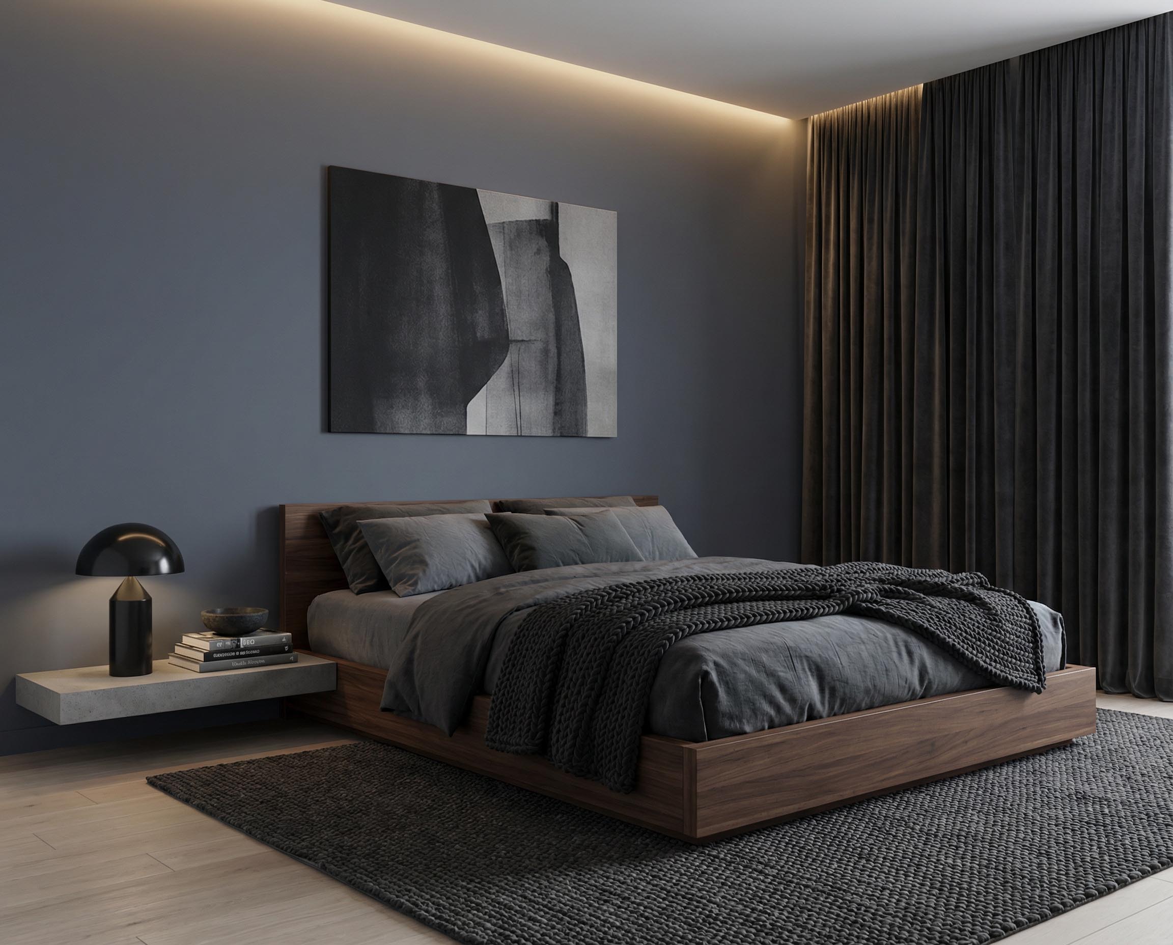 Schlafzimmer mit Wand in re-box Wandfarbe Blue Dark No. 27 – tiefes, sattes Blau
