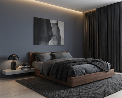 Schlafzimmer mit Wand in re-box Wandfarbe Blue Dark No. 27 – tiefes, sattes Blau