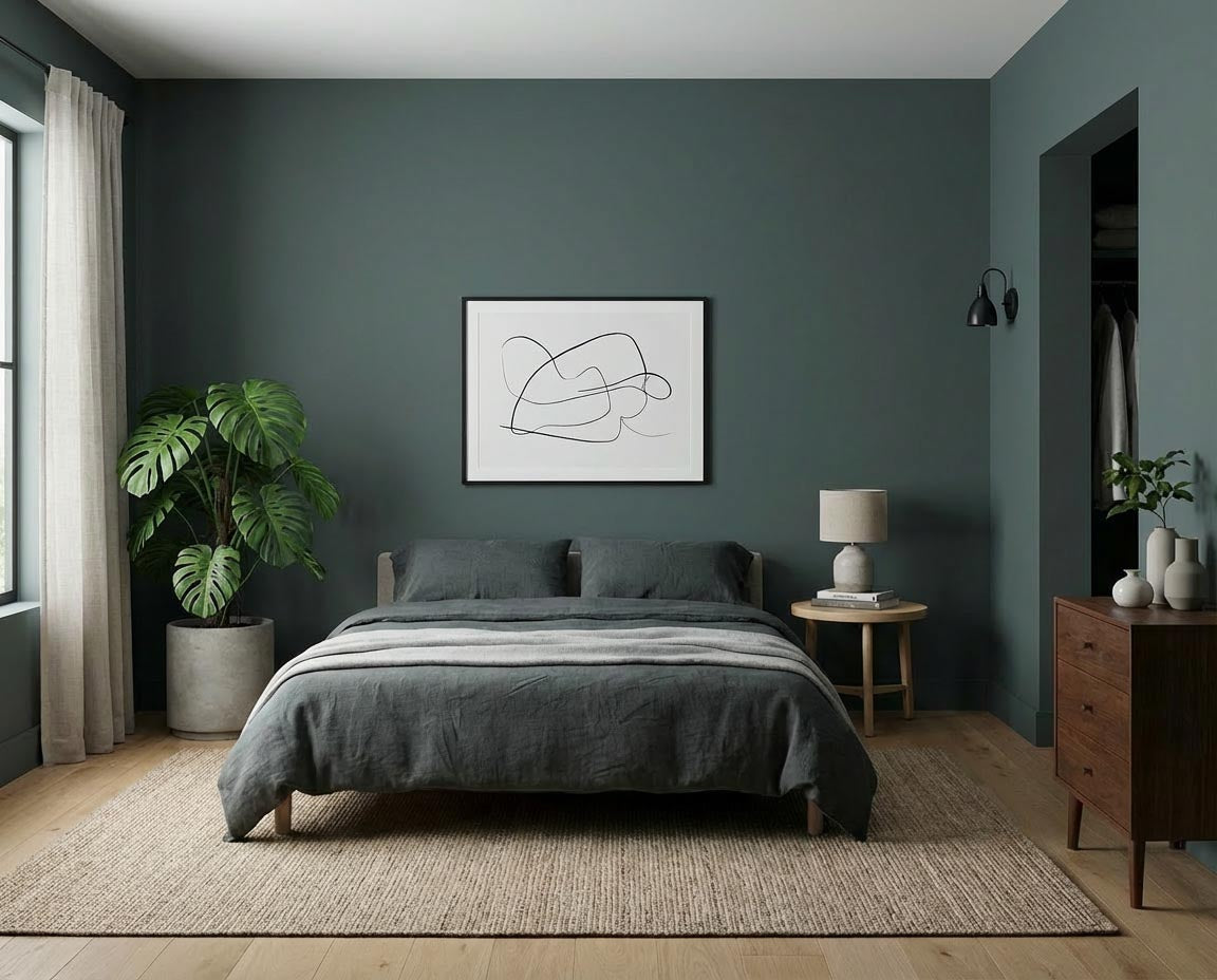 Schlafzimmer mit Wand in re-box Wandfarbe Bramblewood No. 6 – tiefes Grün