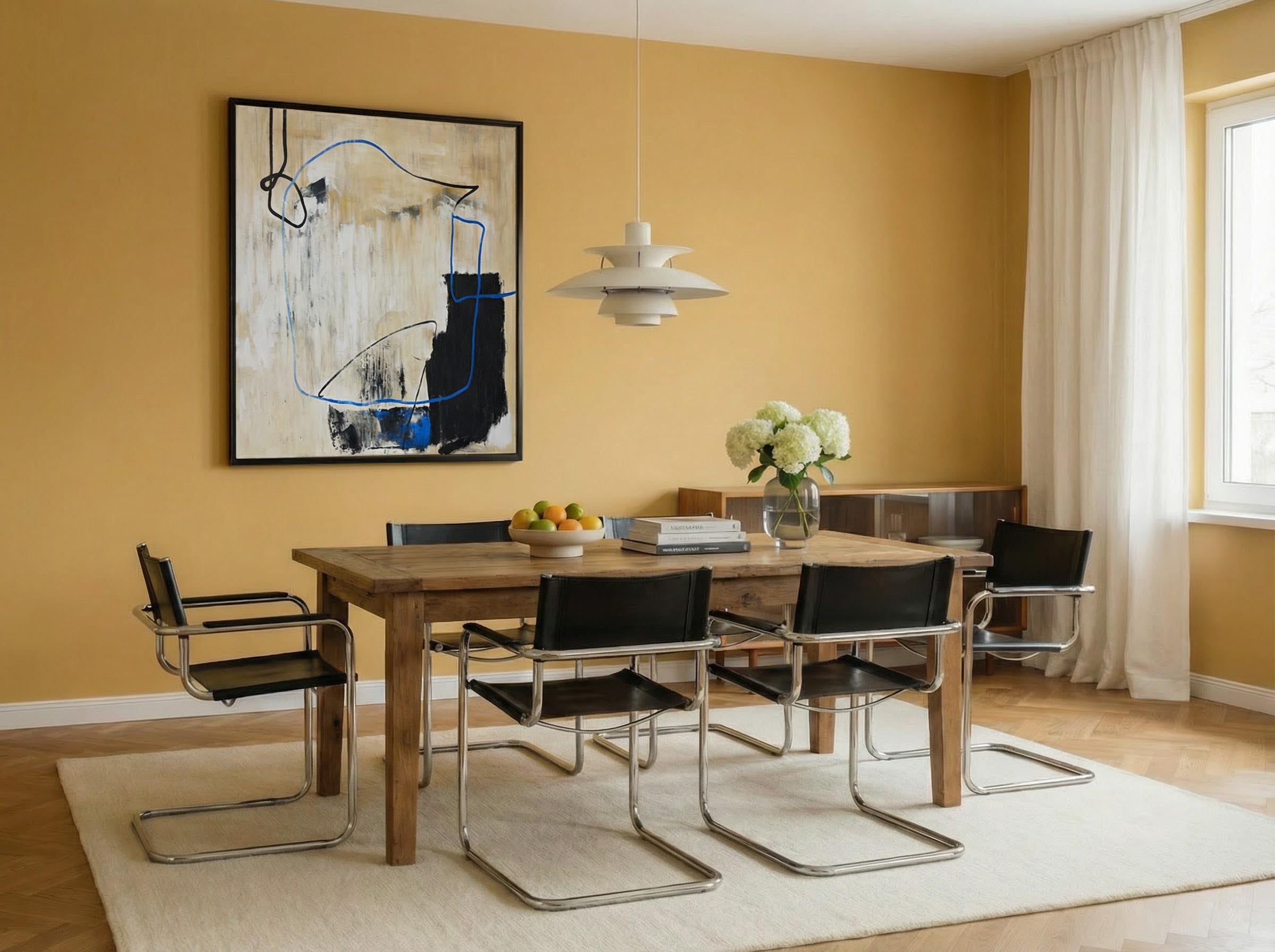 Esszimmer mit Wand in re-box Wandfarbe Candlewick Yellow No. 15 – warmer Senf-Gelbton