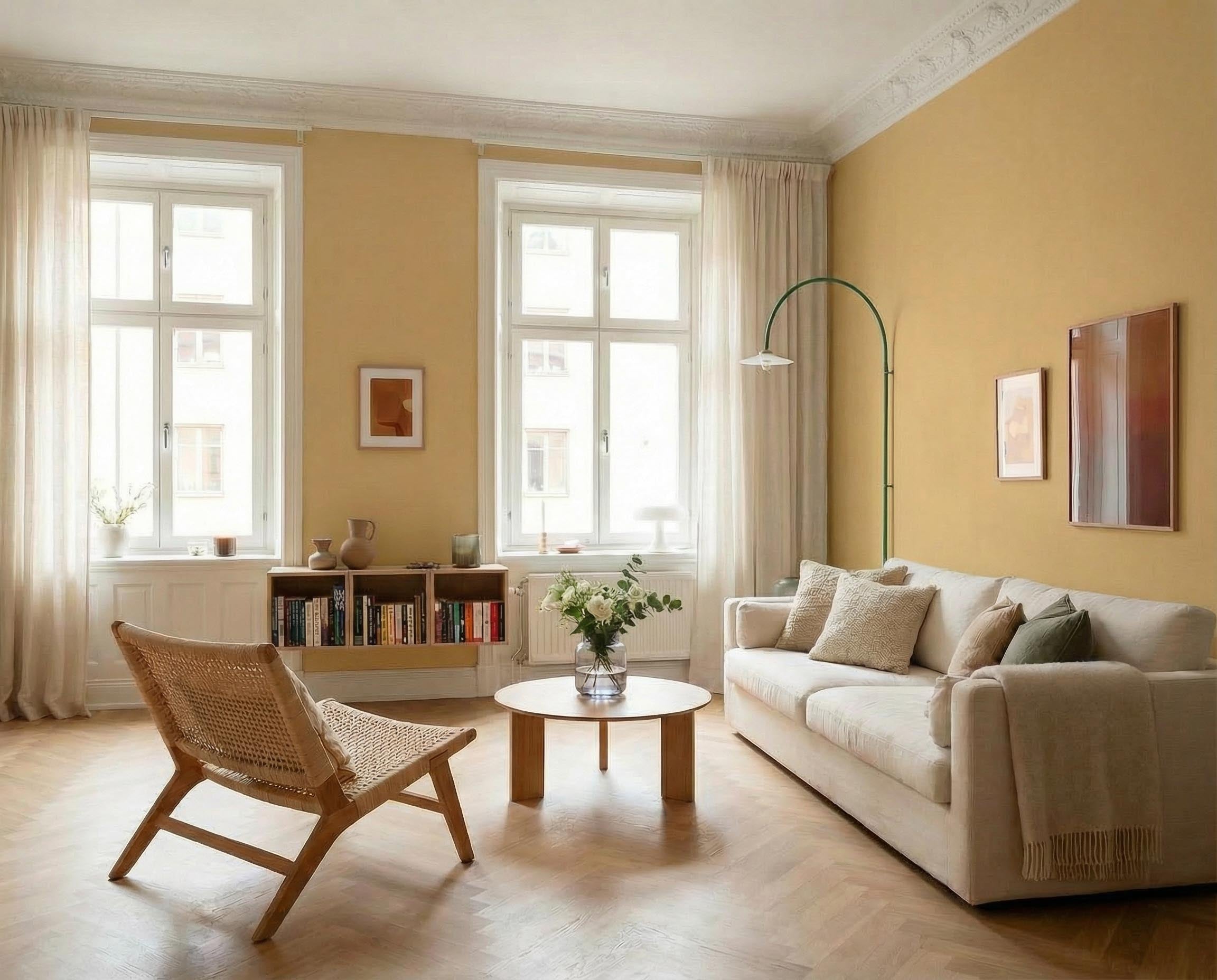 Wohnzimmer mit Wand in re-box Wandfarbe Candlewick Yellow No. 15 – warmer Senf-Gelbton