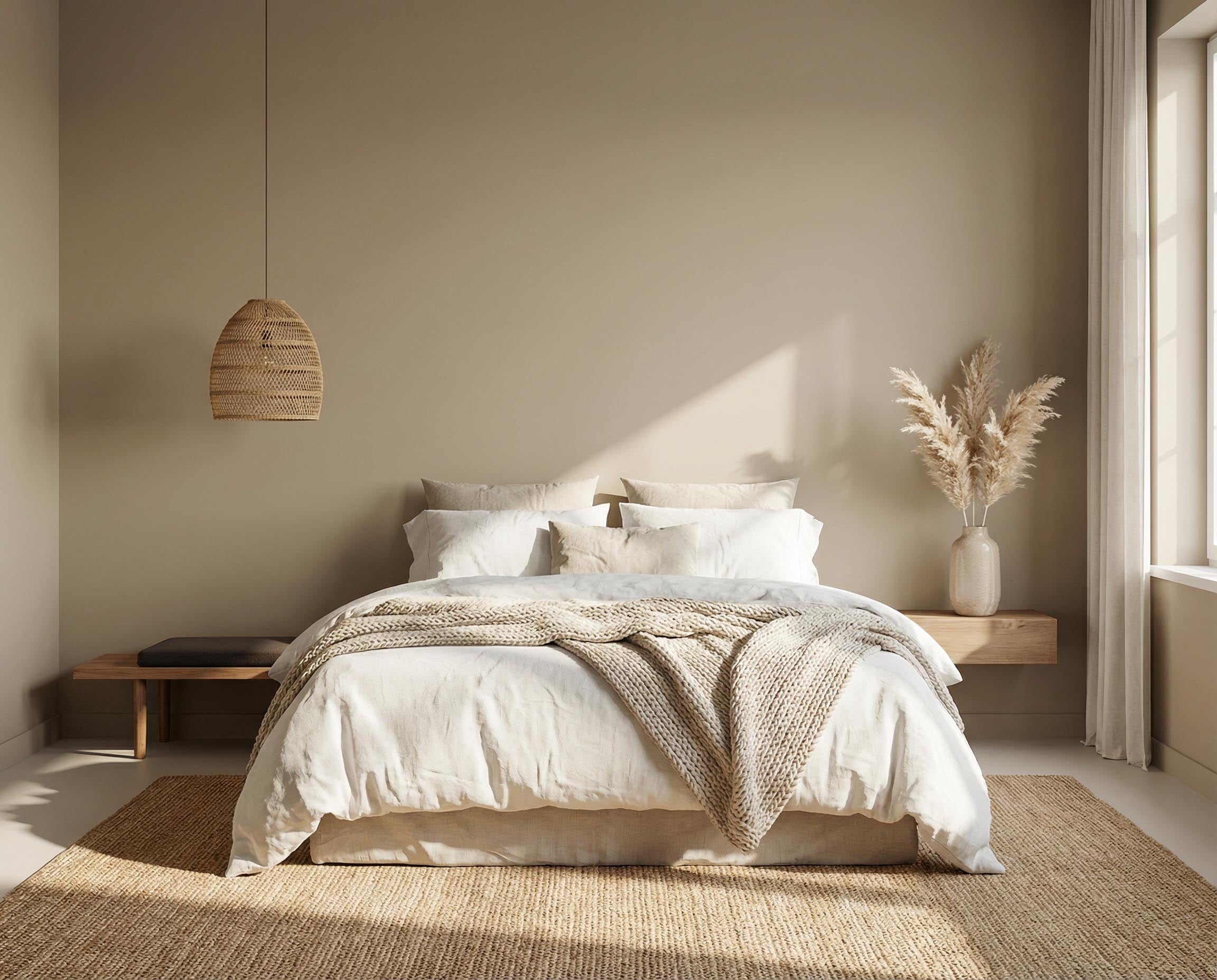 Schlafzimmer mit Wand in re-box Wandfarbe Canvas Cover No. 30 – warmes Beige-Oliv