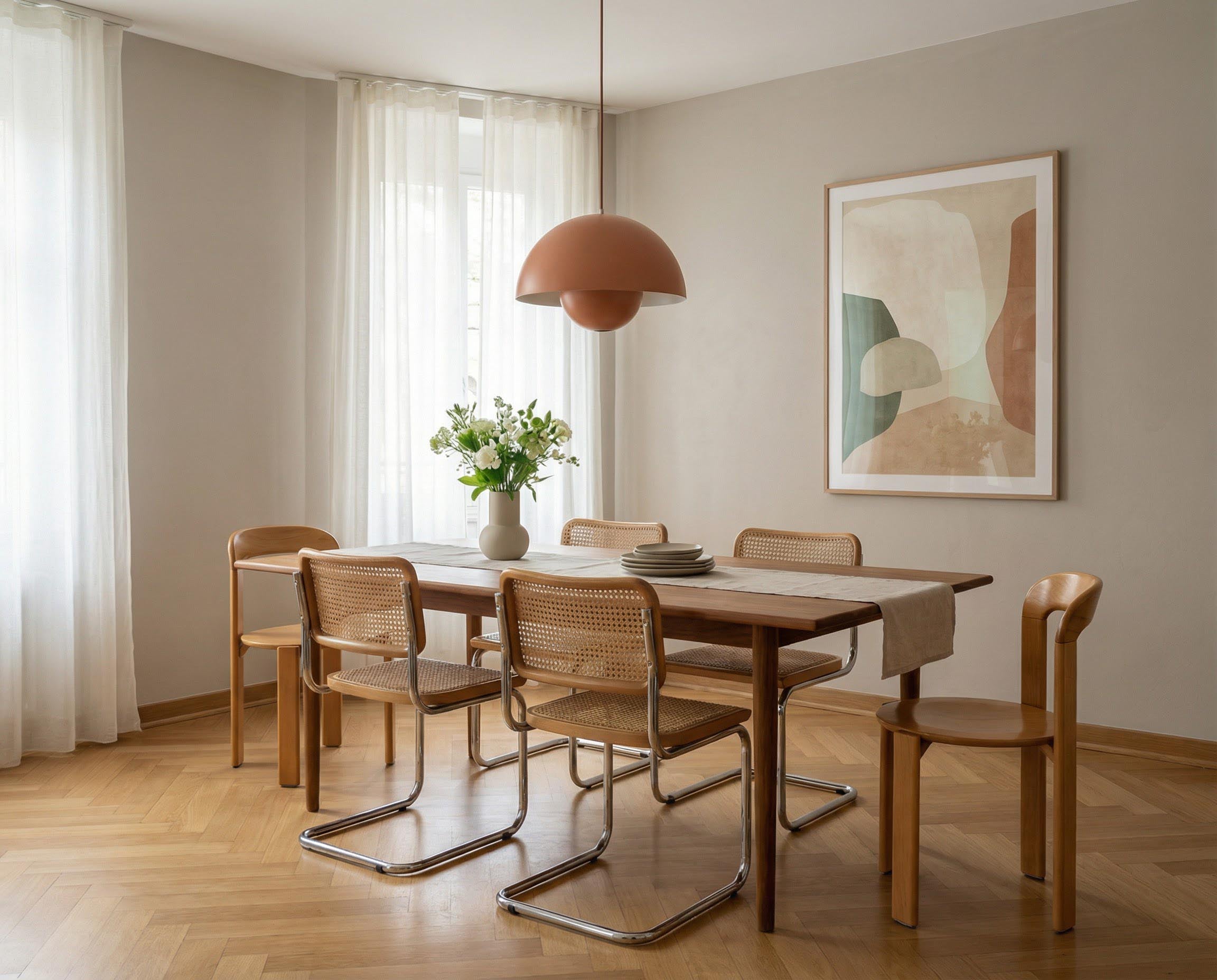Esszimmer mit Wand in re-box Wandfarbe Chalkstone No. 16 – eleganter Beige-Stein-Ton