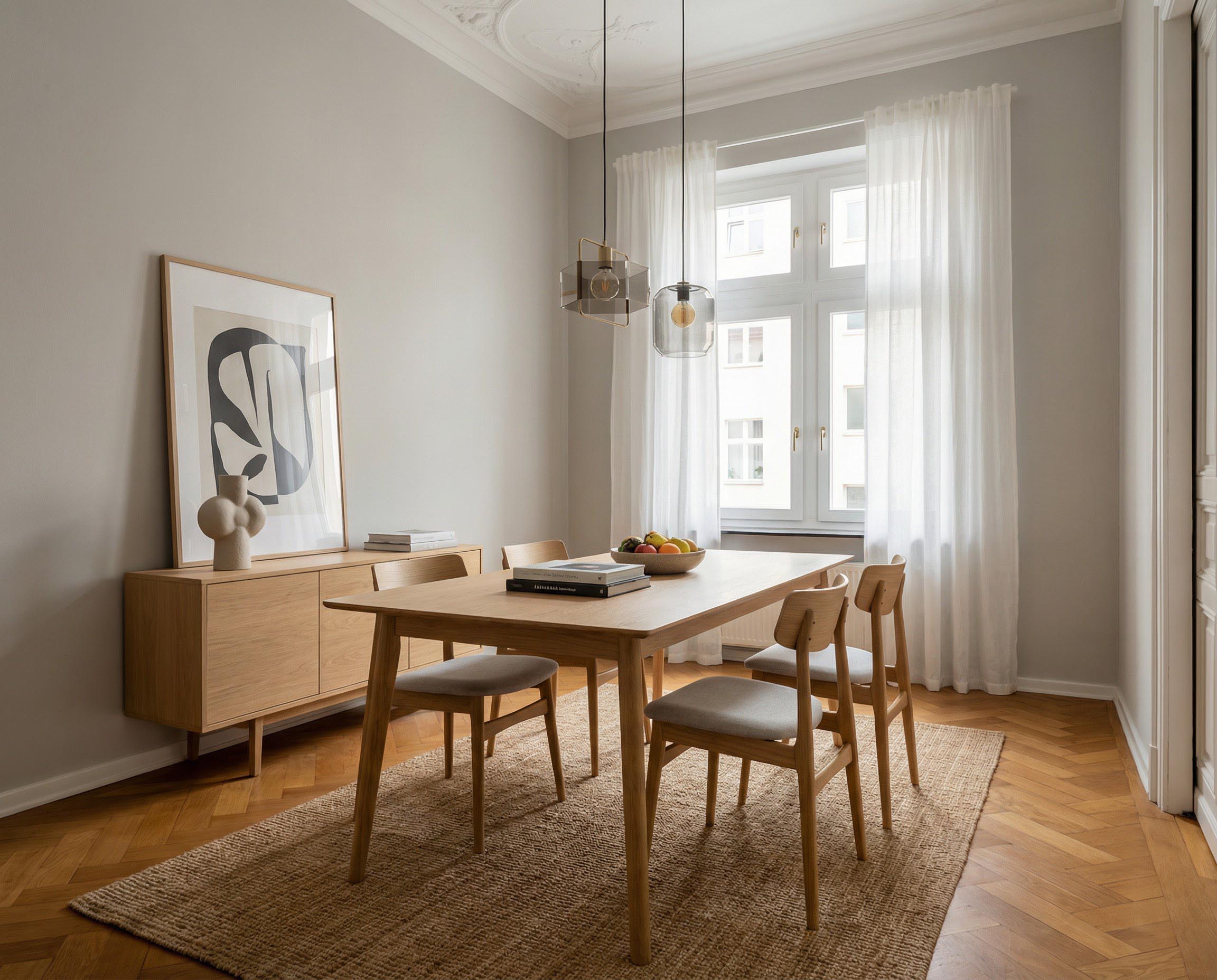 Esszimmer mit Wand in re-box Wandfarbe Chalkstone No. 16 – eleganter Beige-Stein-Ton