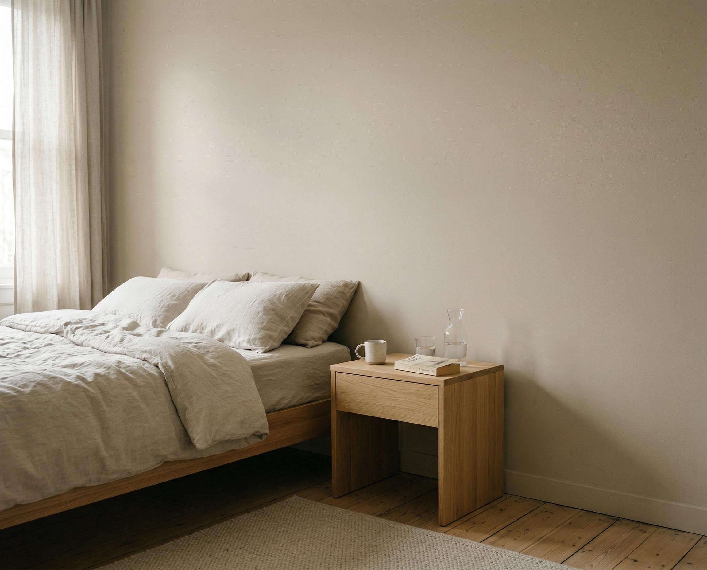 Schlafzimmer mit Wand in re-box Wandfarbe Craie Ancienne No. 60 – warmes, sandiges Beige