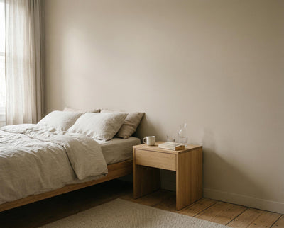 Schlafzimmer mit Wand in re-box Wandfarbe Craie Ancienne No. 60 – warmes, sandiges Beige