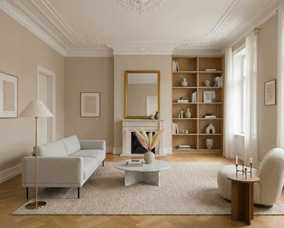 Wohnzimmer mit Wand in re-box Wandfarbe Dennis Premier Choix No. 1 – warmes Beige