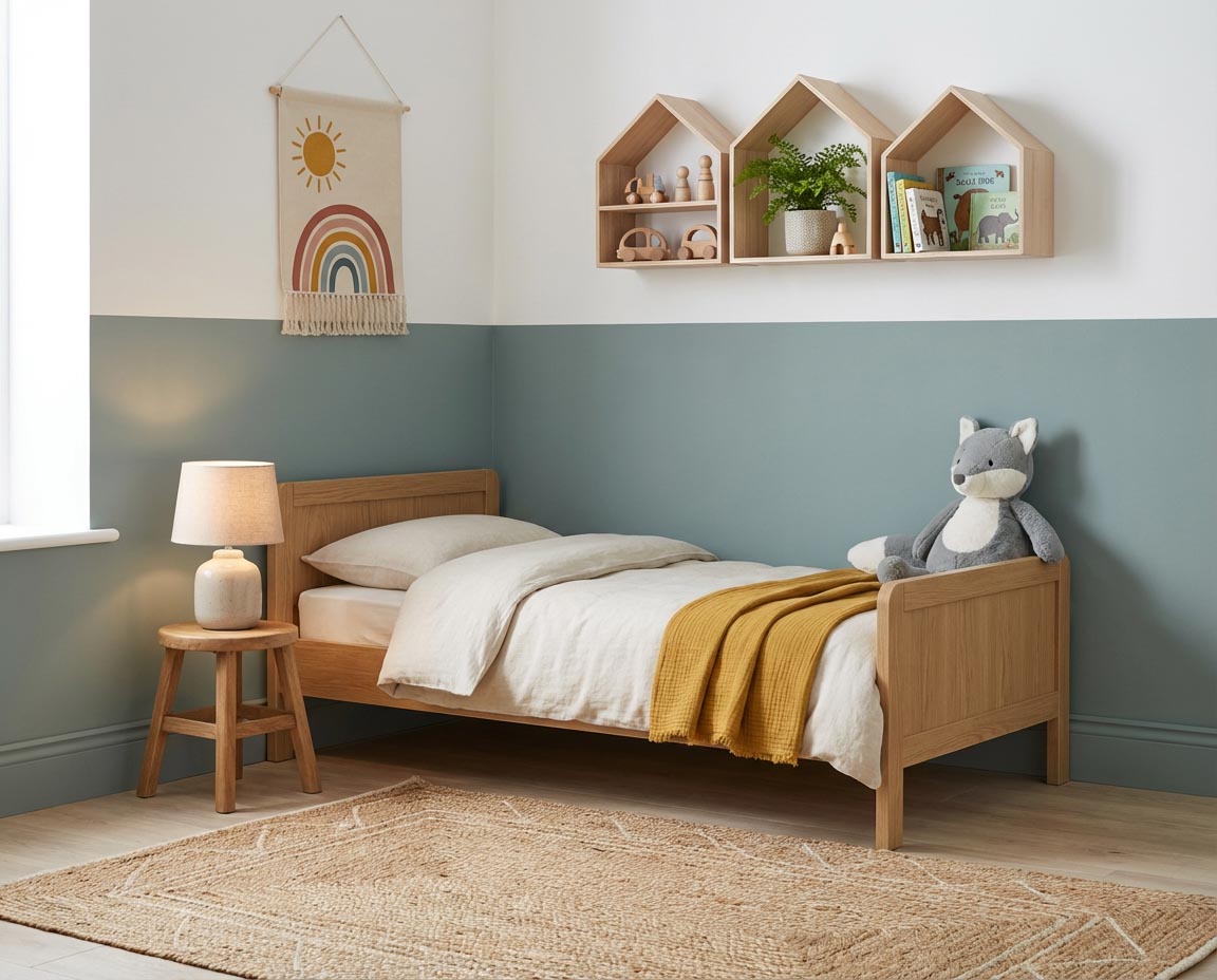 Kinderzimmer mit Wand in re-box Wandfarbe Dennis Premier Choix No. 3 – eleganter Blauton