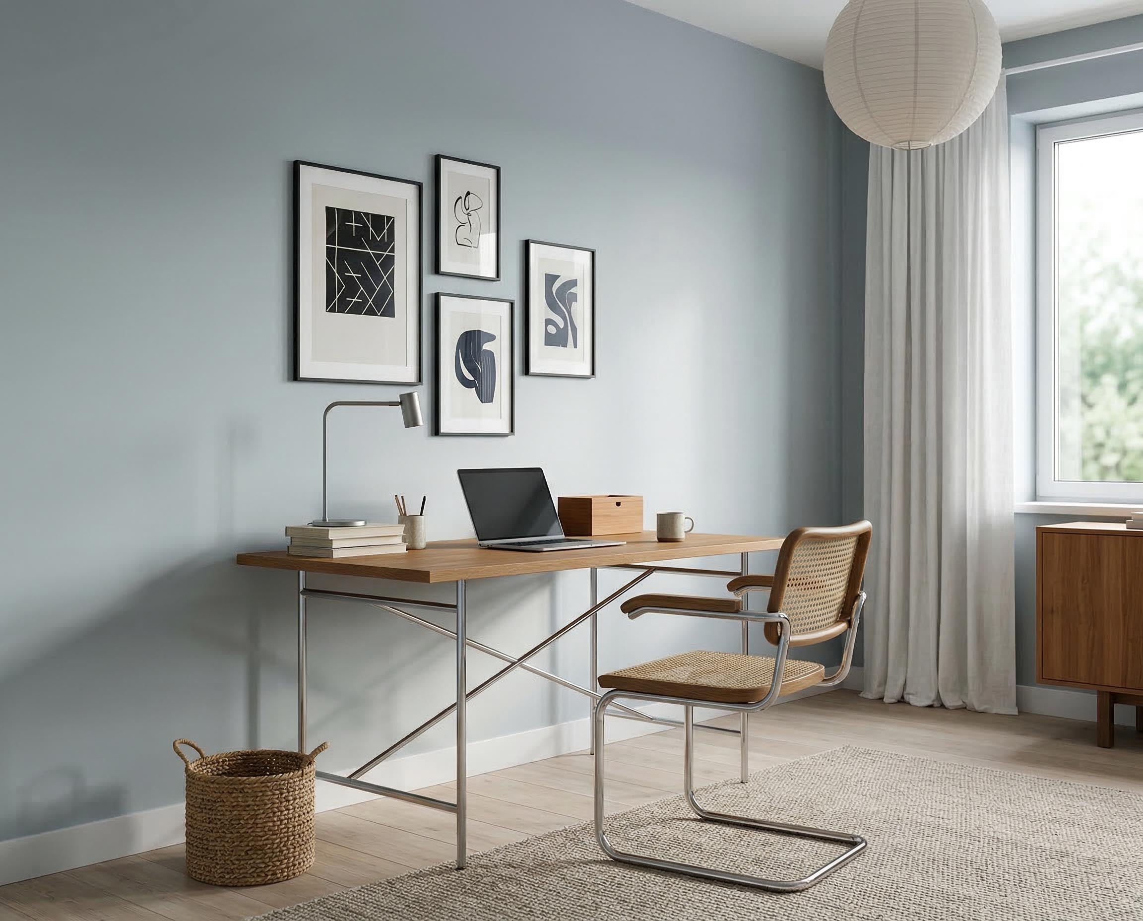 Homeoffice mit Wand in re-box Wandfarbe Dove Horizon No. 26 (sanftes Himmelblau)