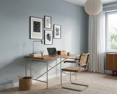 Homeoffice mit Wand in re-box Wandfarbe Dove Horizon No. 26 (sanftes Himmelblau)