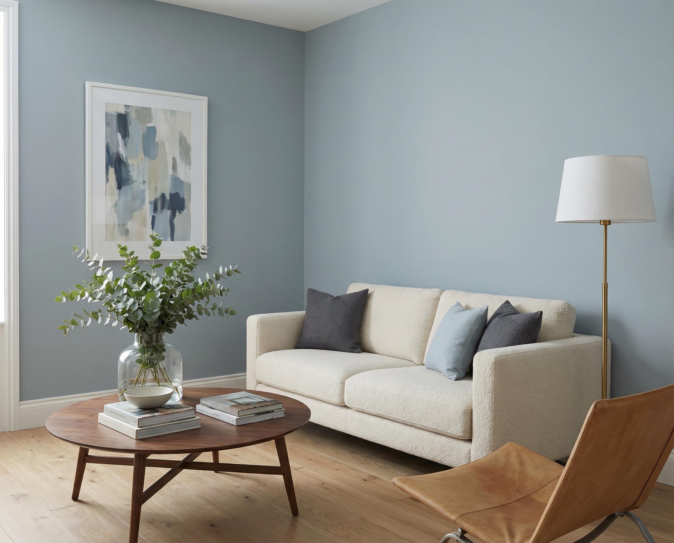 Wohnzimmer mit Wand in re-box Wandfarbe Dove Horizon No. 26 (sanftes Himmelblau)