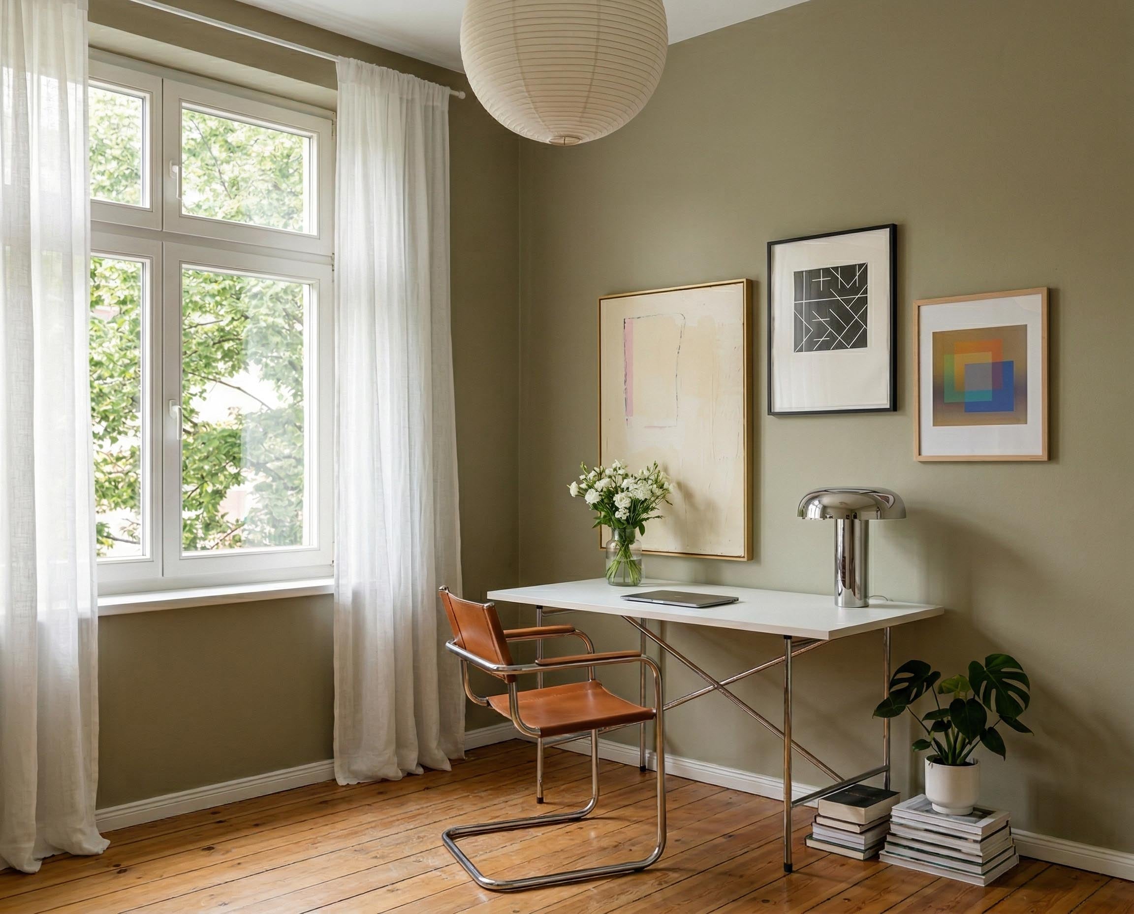 Homeoffice mit Wand in re-box Wandfarbe Everdell No. 5 – warmes, erdiges Grün