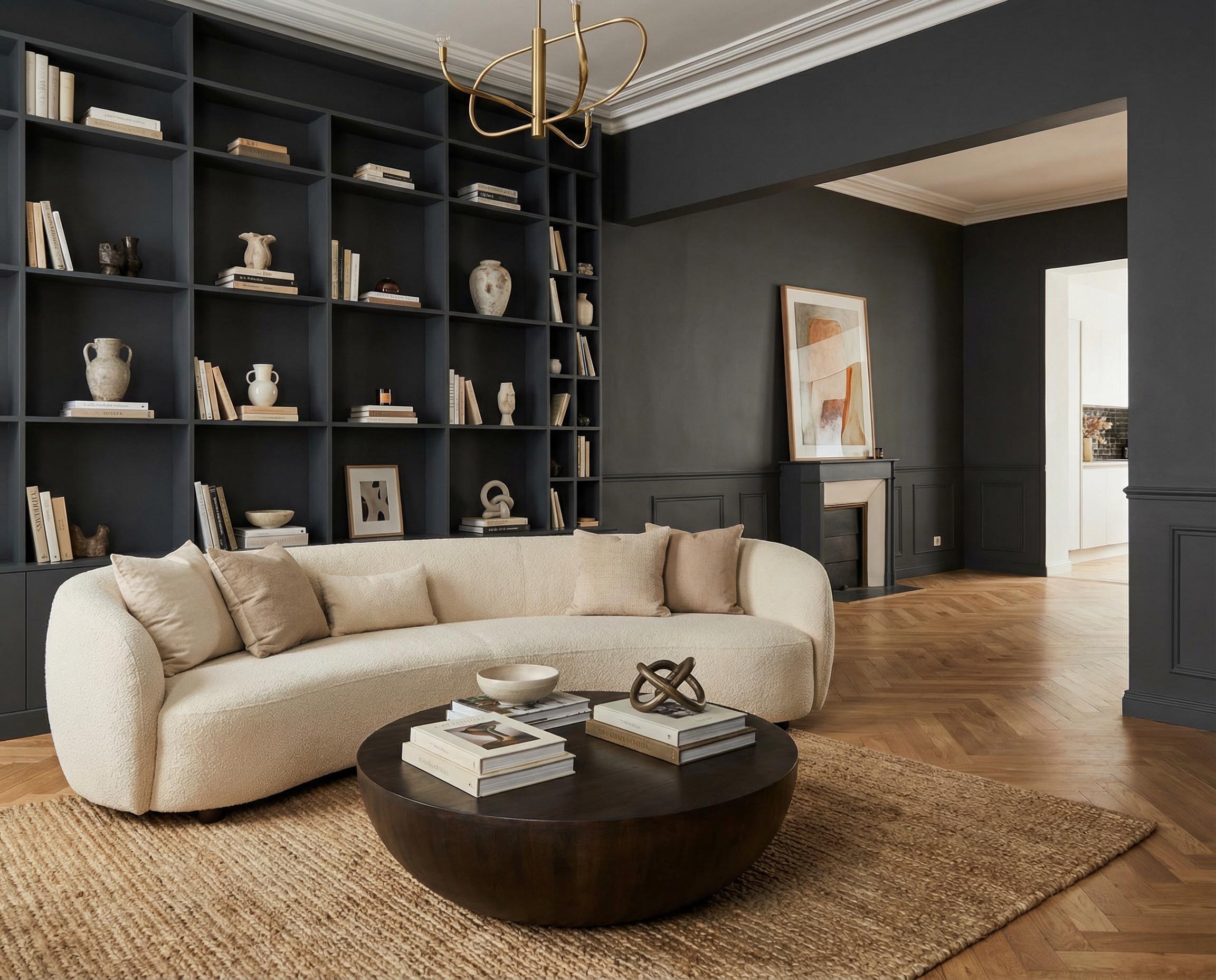 Wohnzimmer mit Wand in re-box Wandfarbe Forge Grey No. 28 – grünliches Mittelgrau