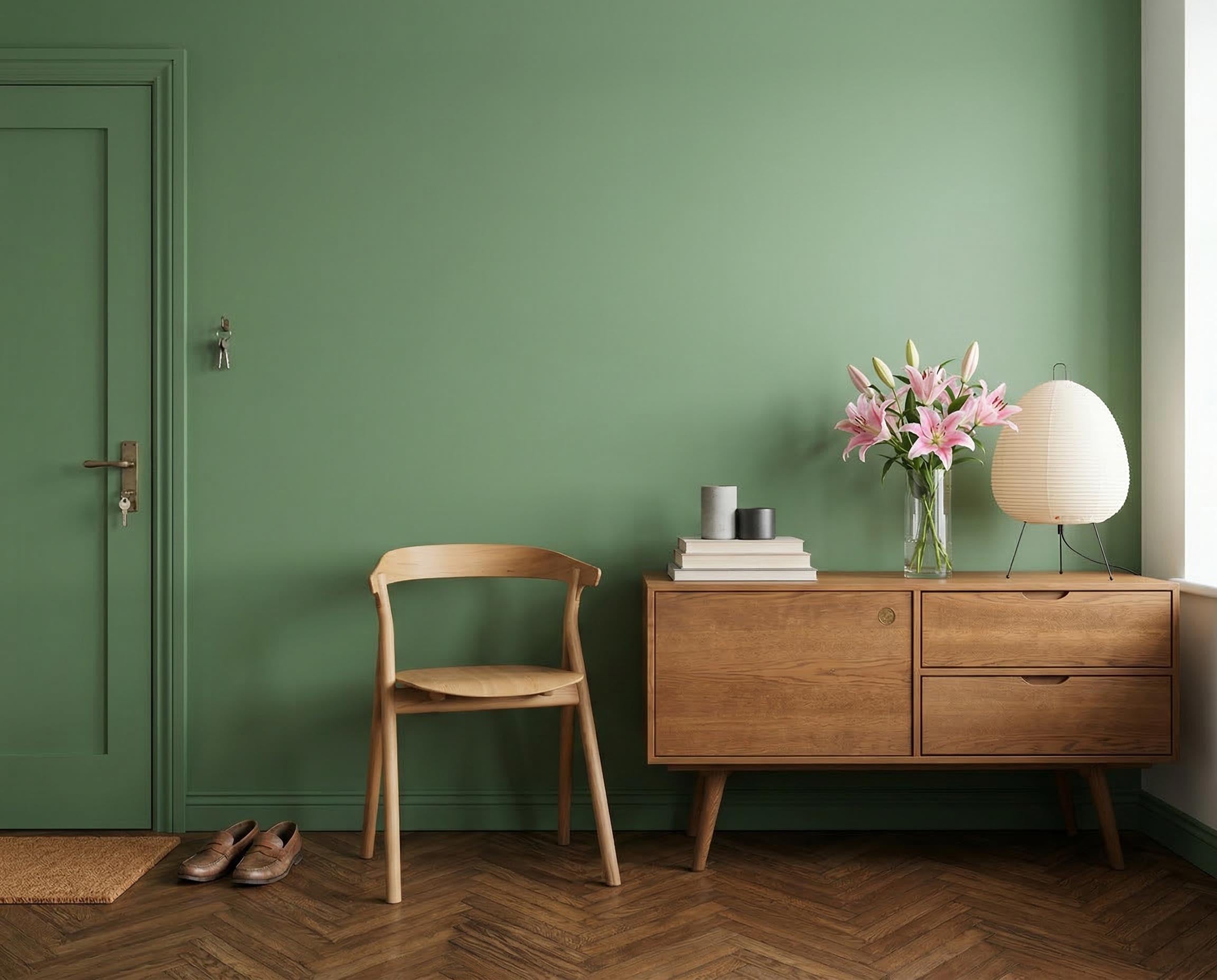 Eingangsbereich mit Wand in re-box Wandfarbe Green Husk No. 10 – sattes Grün