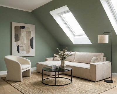 Wohnzimmer mit Wand in re-box Wandfarbe Hearthstone Moss No. 8 – tiefes Moosgrün