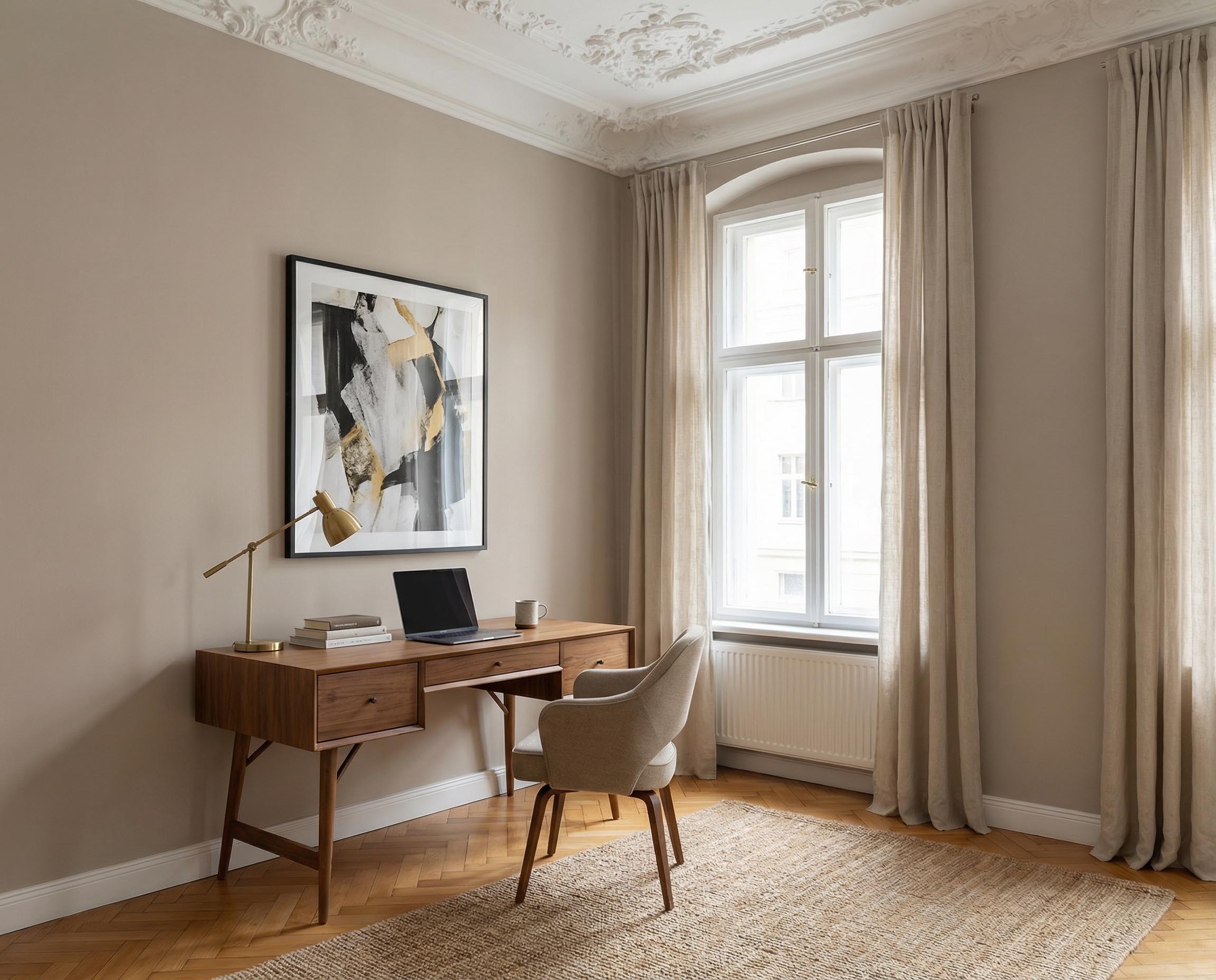 Arbeitszimmer mit Re-Box Wandfarbe Hippo Shade No. 19 in ruhigem, neutralem Farbton