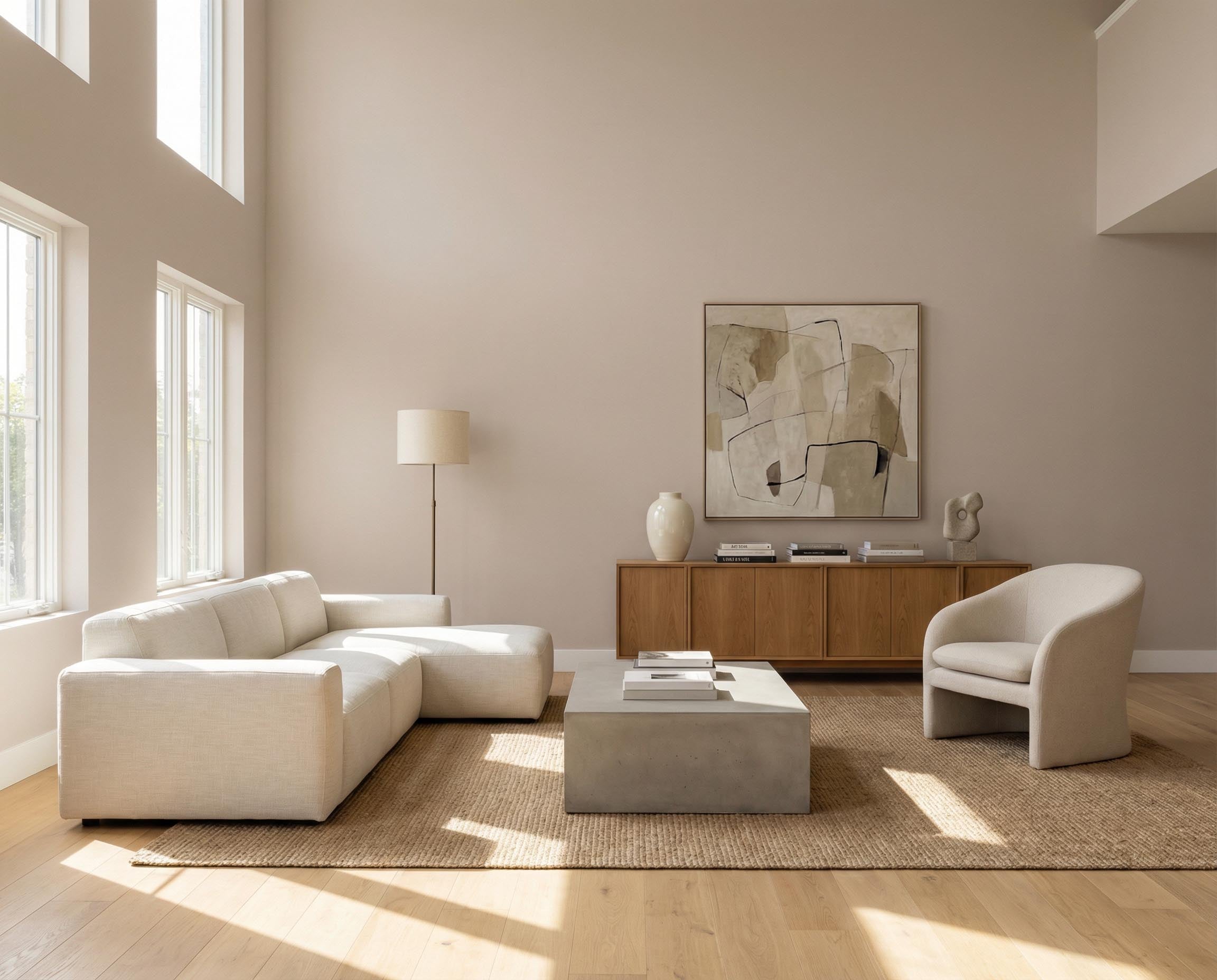 Wohnzimmer mit Re-Box Wandfarbe Hippo Shade No. 19 in ruhigem, warmem Neutralton