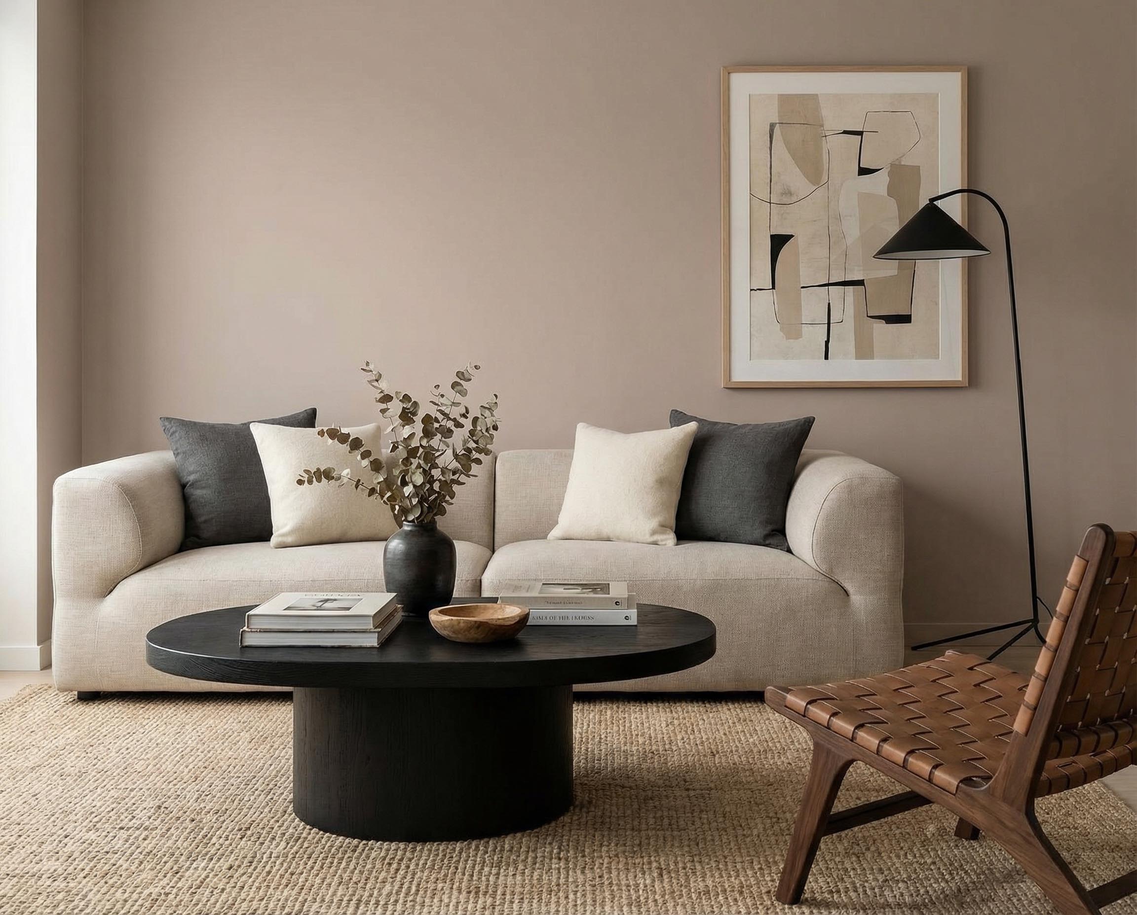 Wohnzimmer mit Wand in re-box Wandfarbe Hippo Shade No. 19 – sanftes Beige