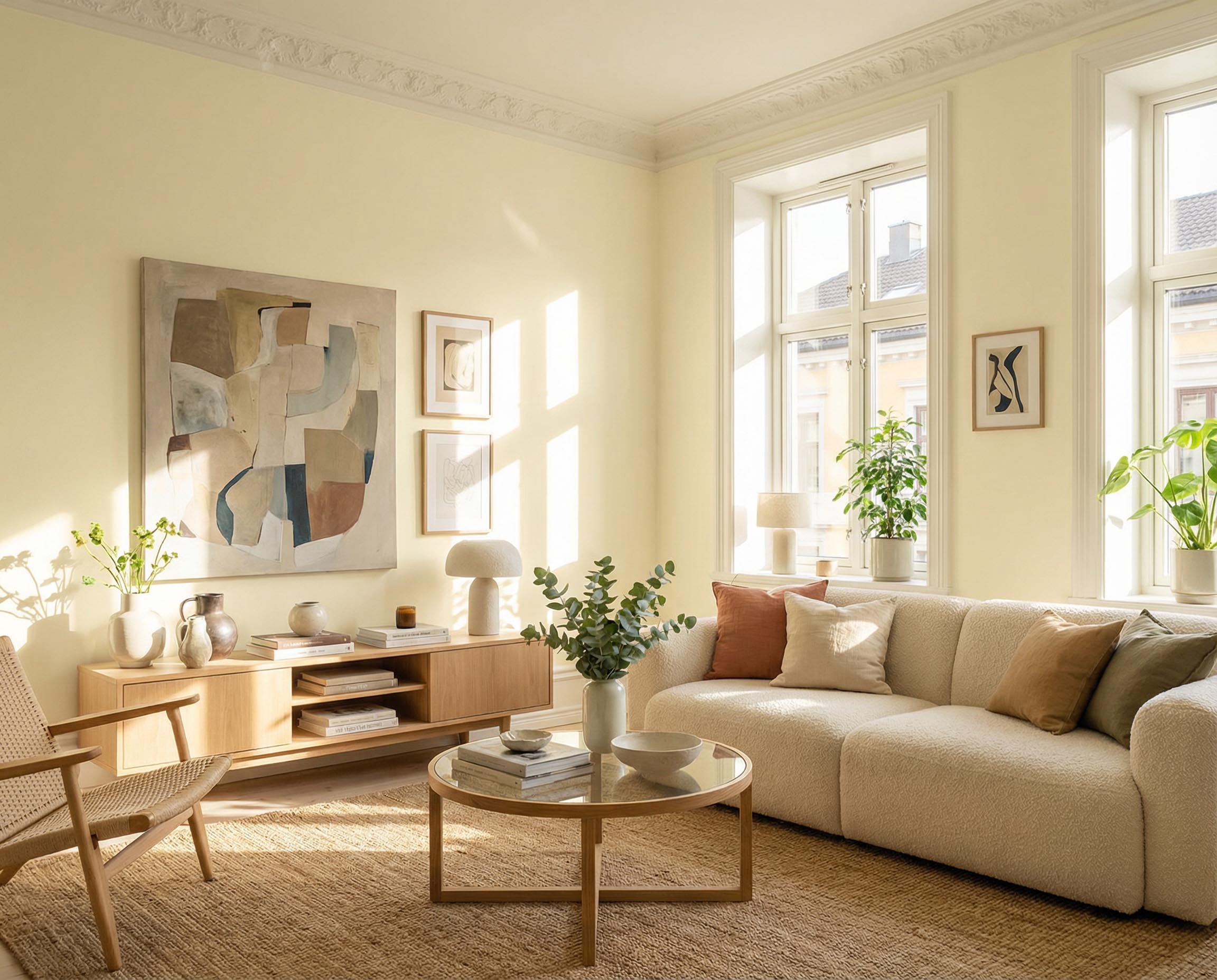 Wohnzimmer mit Re-Box Wandfarbe Linen Veil No. 11 in hellem, warmem Farbton