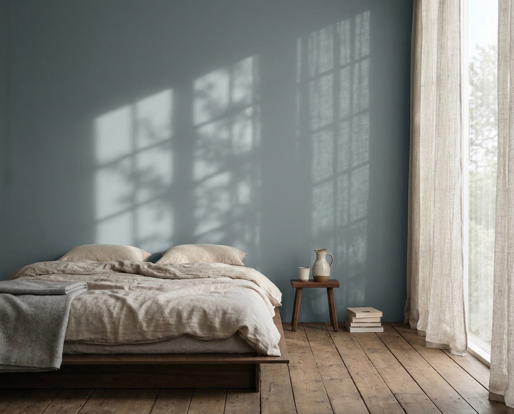 re-box wandfarbe loom spirit no 14 schlafzimmer blau grau matte wandfarbe premium farbkonzept ruhiges interior design holzboden leinenbett minimalistisch wohnraumgestaltung moderne wandfarbe hochwertige innenrenovierung