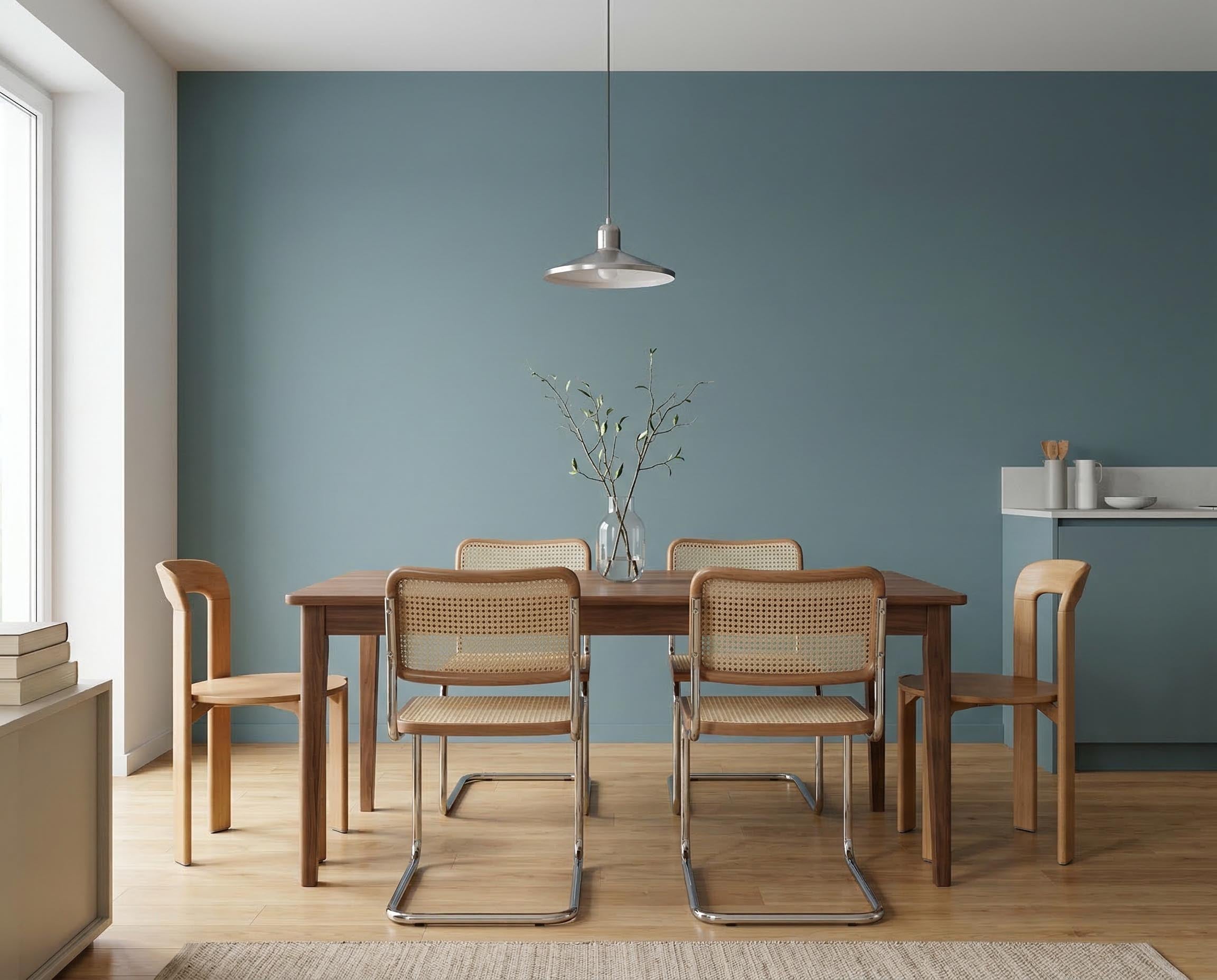 Esszimmer mit Wand in re-box Wandfarbe Loom Spirit No. 14 – kühles, gedecktes Blau