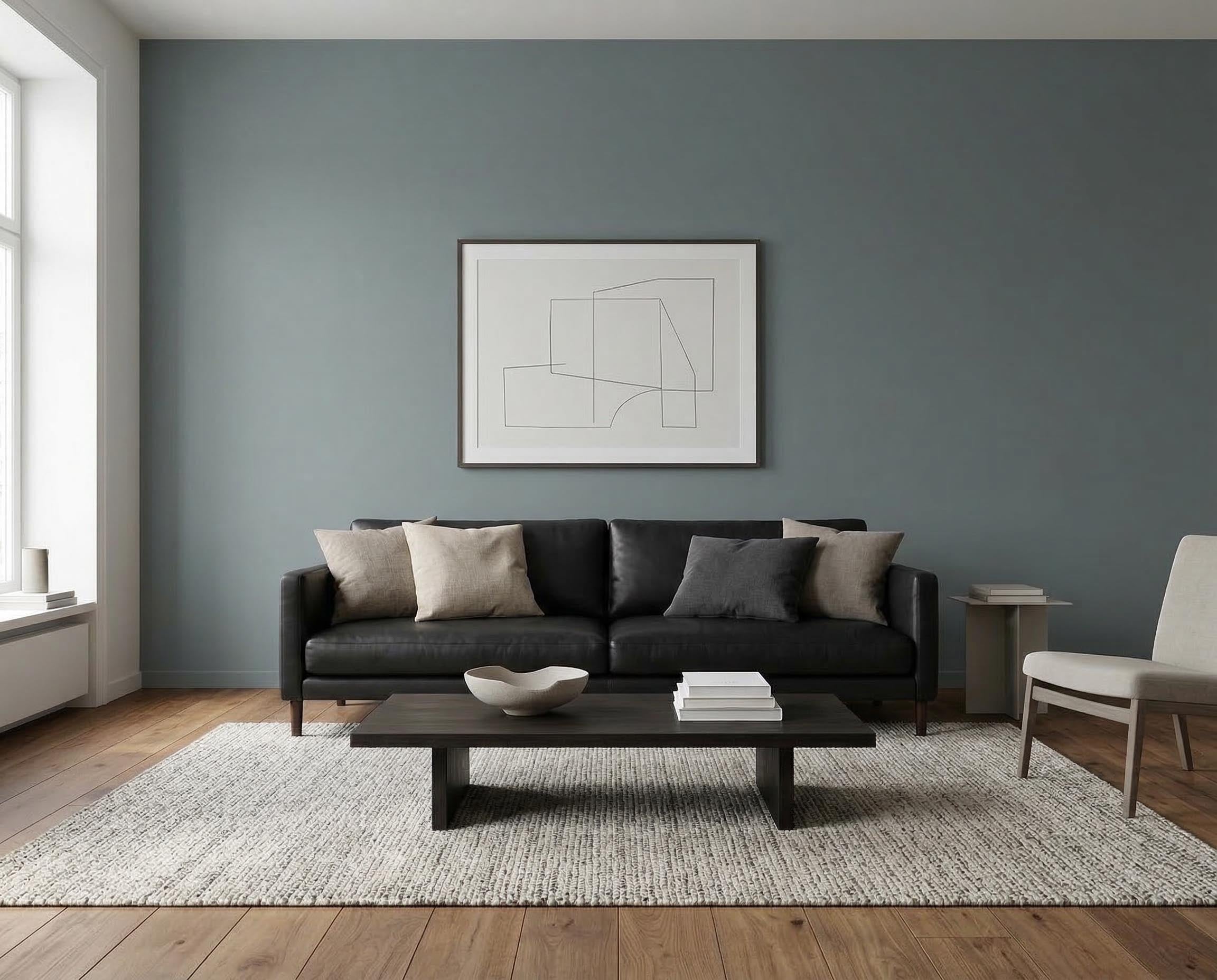 Wohnzimmer mit Wand in re-box Wandfarbe Loom Spirit No. 14 – kühles, gedecktes Blau