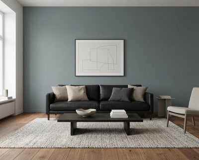 Wohnzimmer mit Wand in re-box Wandfarbe Loom Spirit No. 14 – kühles, gedecktes Blau